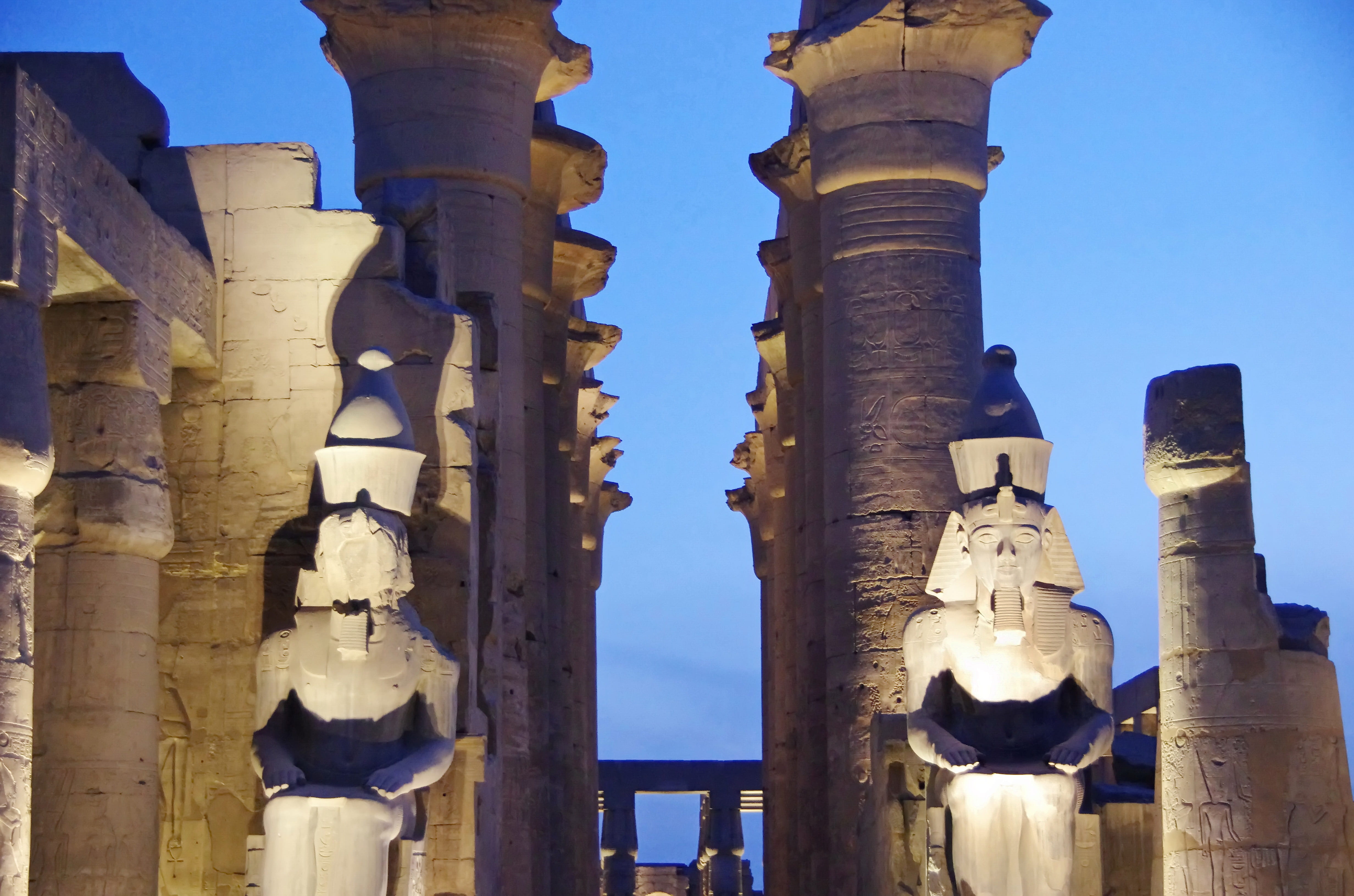 statues, ancient civilization, no people, built structure, building, sky, outdoors, blue, temple, colonnades, nature, egypt, art and craft, archaeology, HD Wallpaper