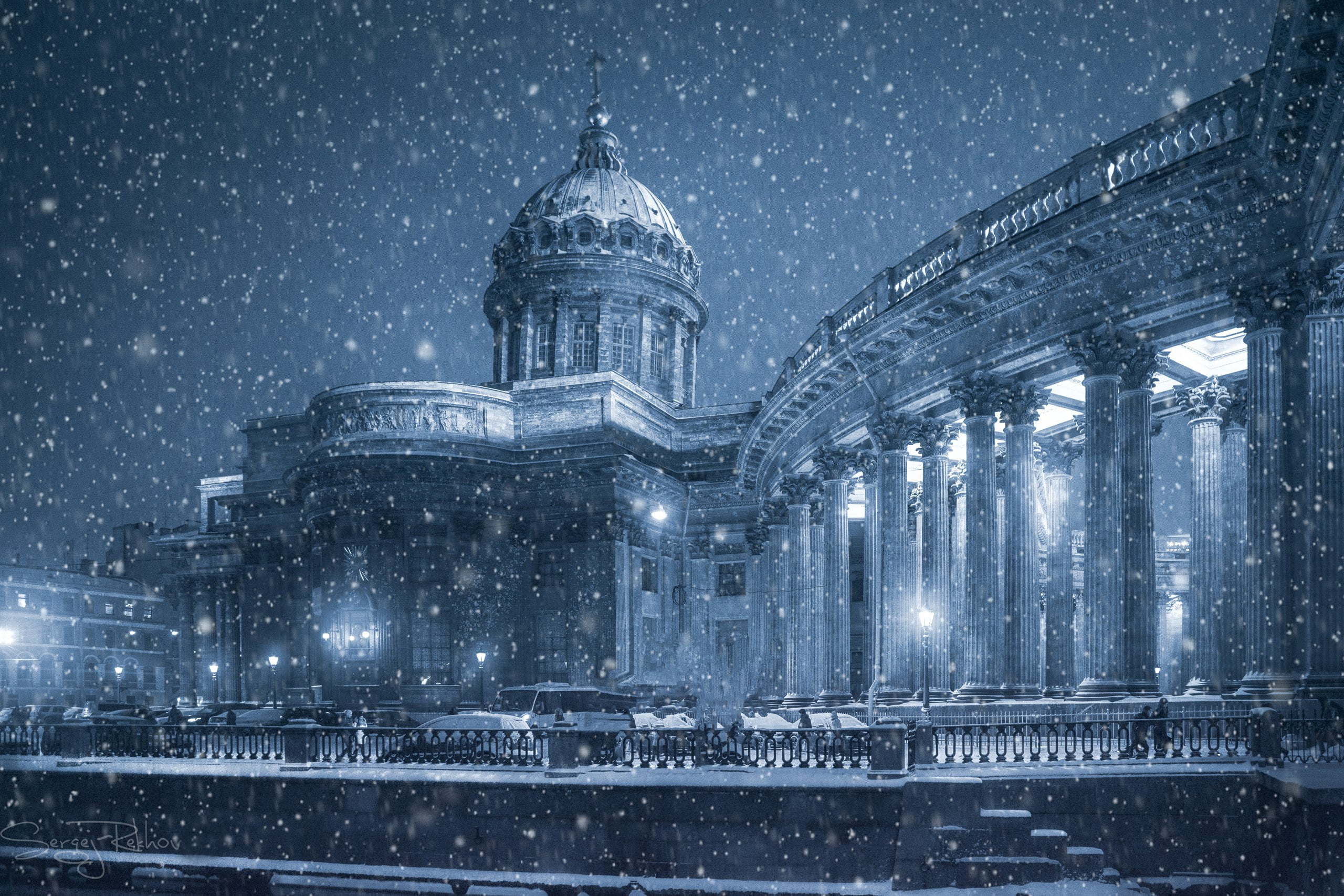 snow, extreme weather, night, temple, illuminated, travel destinations, 2K, Kazan Cathedral, building exterior, building, nature, place of worship, built structure, HD Wallpaper