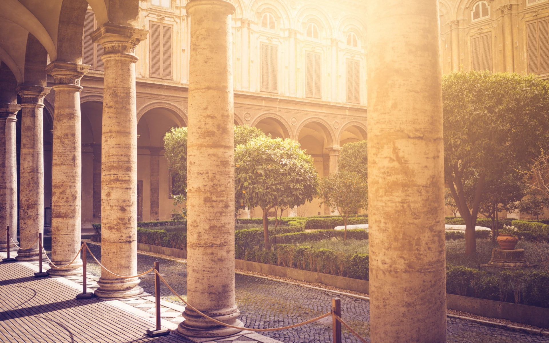 architecture, sunlight, fence, pillar, 1080P, trees, HD Wallpaper