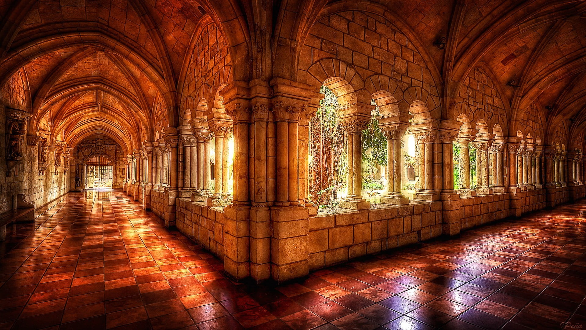 building, ornate, window, history, architecture, grey, belief, corridor, spirituality, no people, brick, tiled floor, the way forward, colonnade, castle, HD Wallpaper
