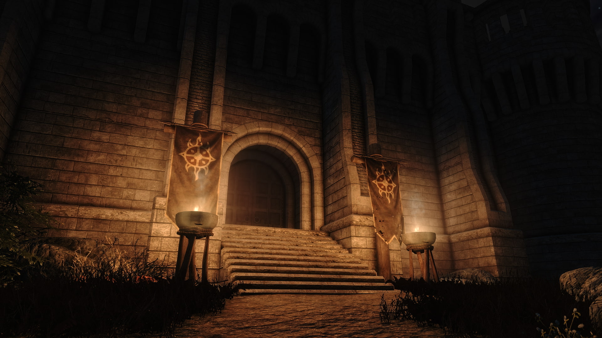 The Elder Scrolls V: Skyrim, building exterior, illuminated, architectural column, spirituality, place of worship, electric lamp, building, old, 1080P, HD Wallpaper