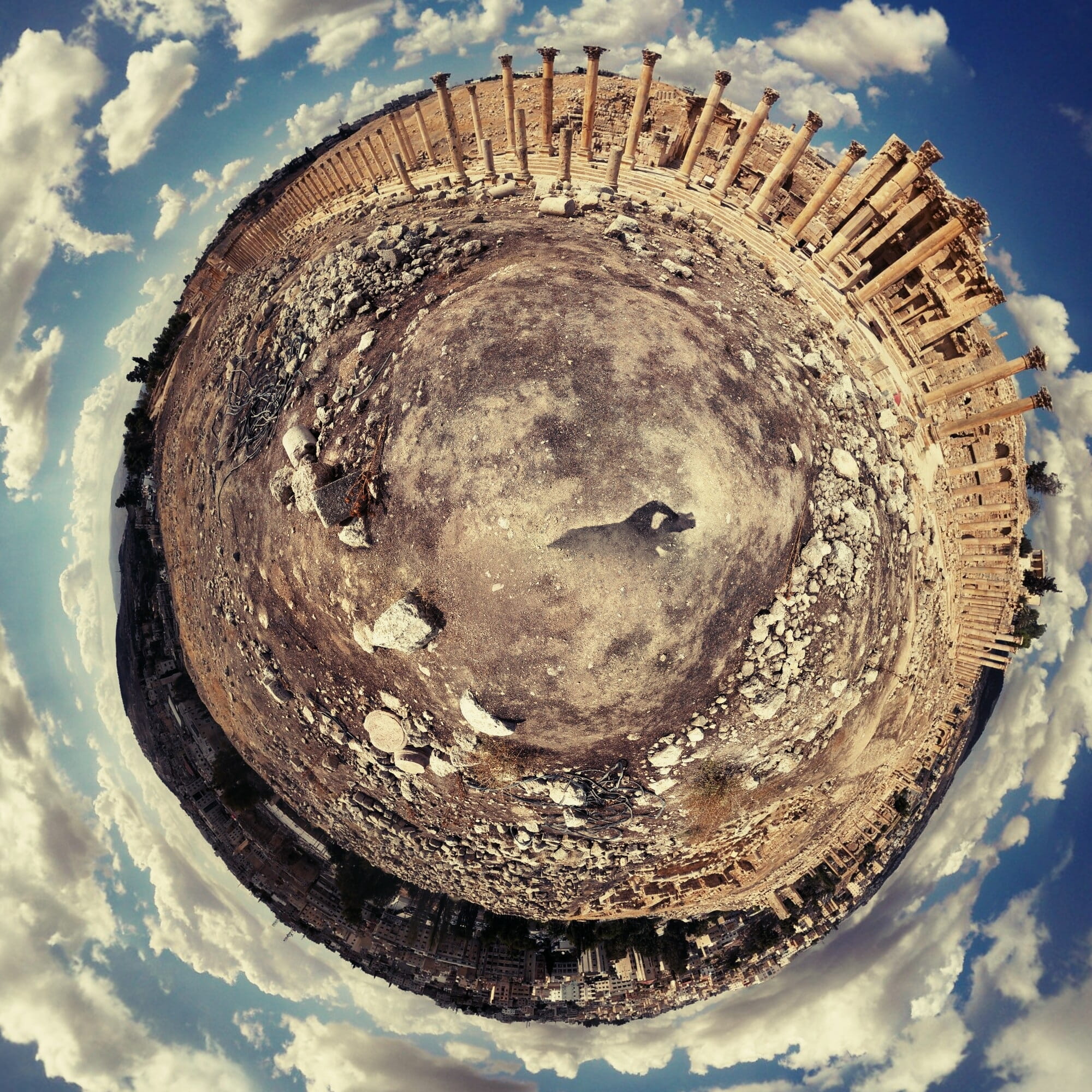 1080P, Jerash, ancient, empire, history, directly above, cloud - sky, antiquity, culture, pattern, outdoors, travel, jarash, still life, corinthian, sky, Phone HD Wallpaper