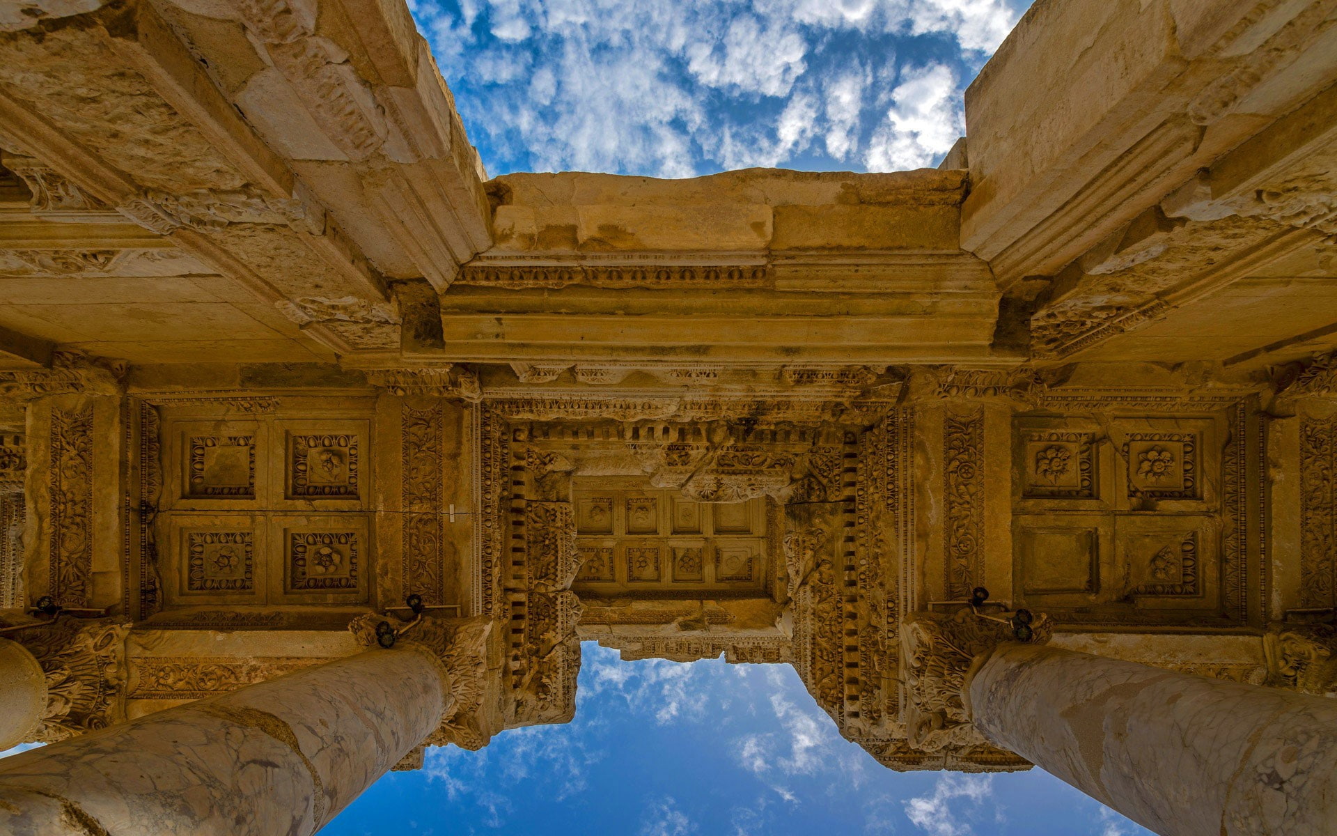 Turkey, the library of Celsus, architecture, Ephesus, ruins, the sky, 1080P, HD Wallpaper