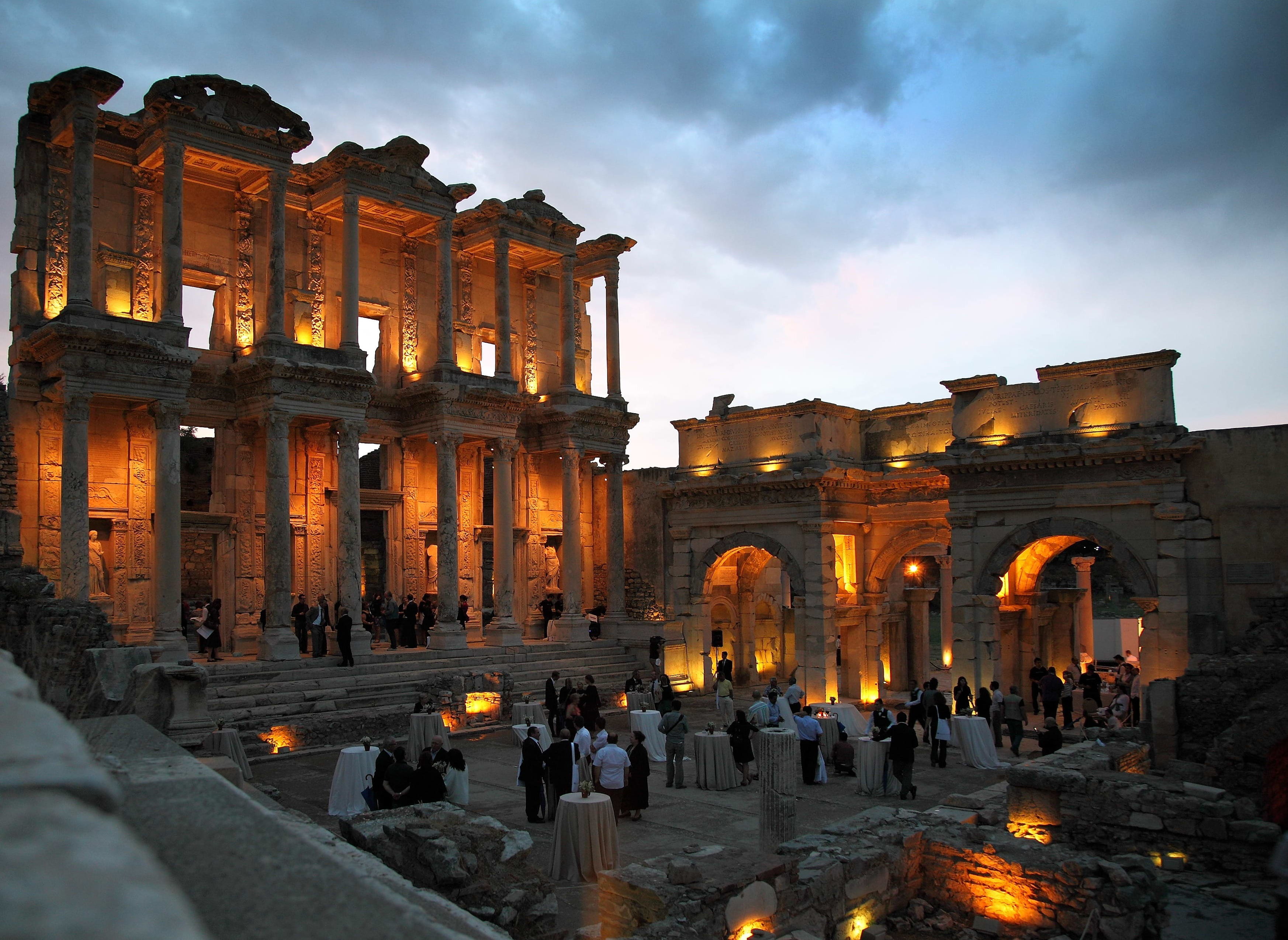 travel destinations, buildings, lights, ruined, architectural column, old ruin, ruins, dinner, evening, arch, travel, city, nature, turkey, opened, incidental people, HD Wallpaper