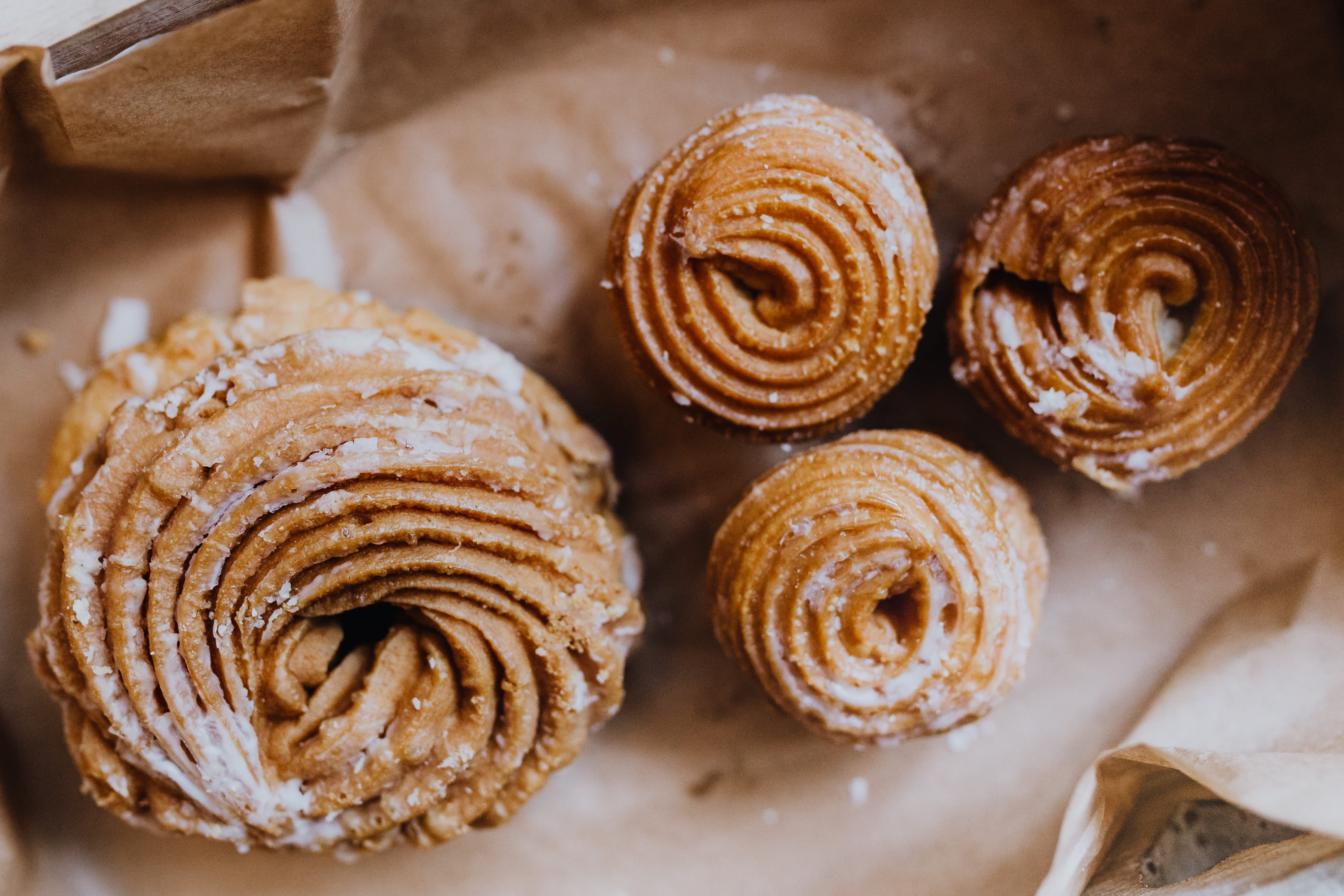 medium group of objects, french food, baked, paper, food and drink, fat thursday, temptation, Poland, doughnut, donuts, baked pastry item, swirl, 4K, traditional, HD Wallpaper