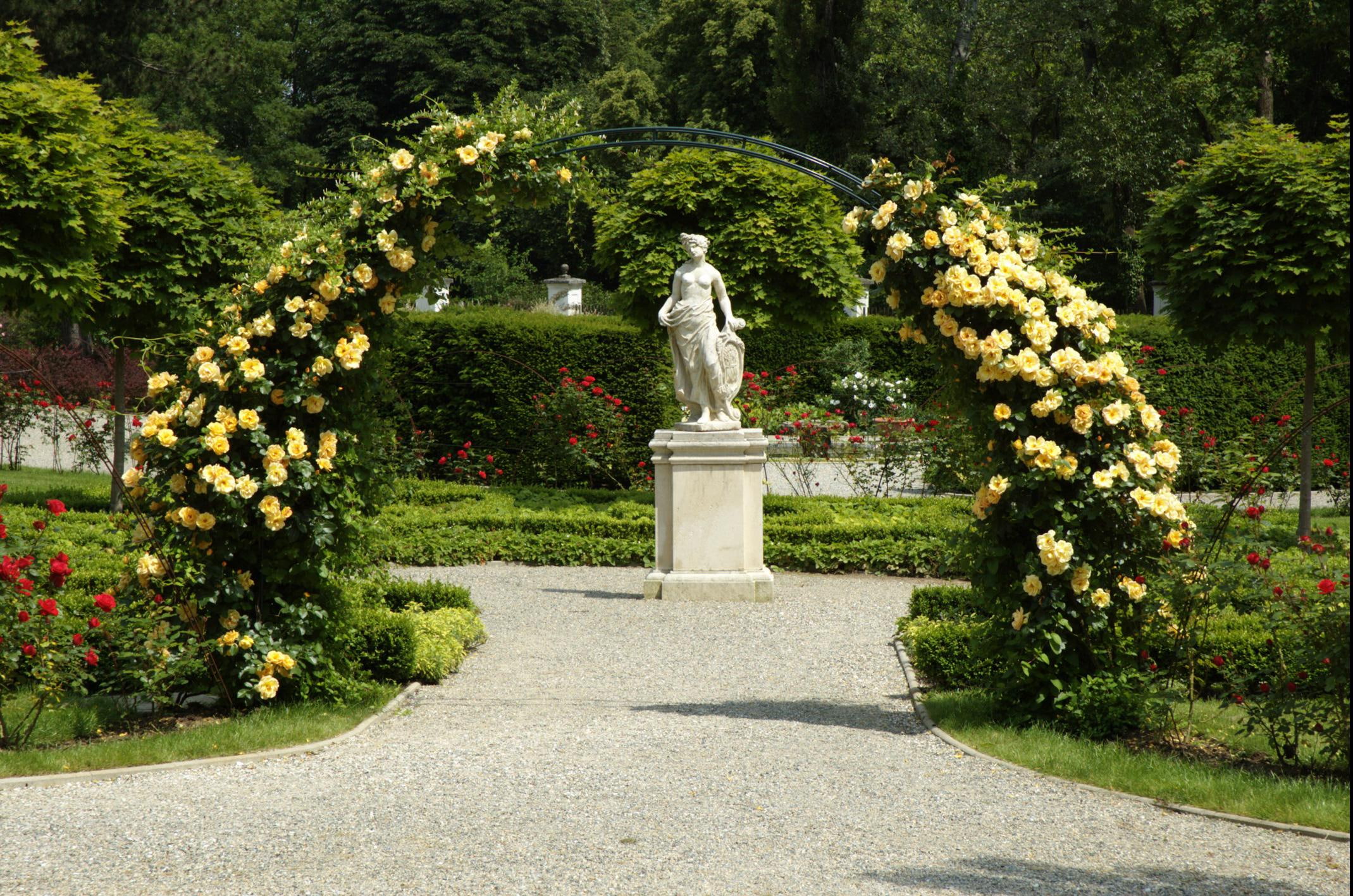 roses, 3d and abstract, arch, 1080P, garden, park, yellow, HD Wallpaper