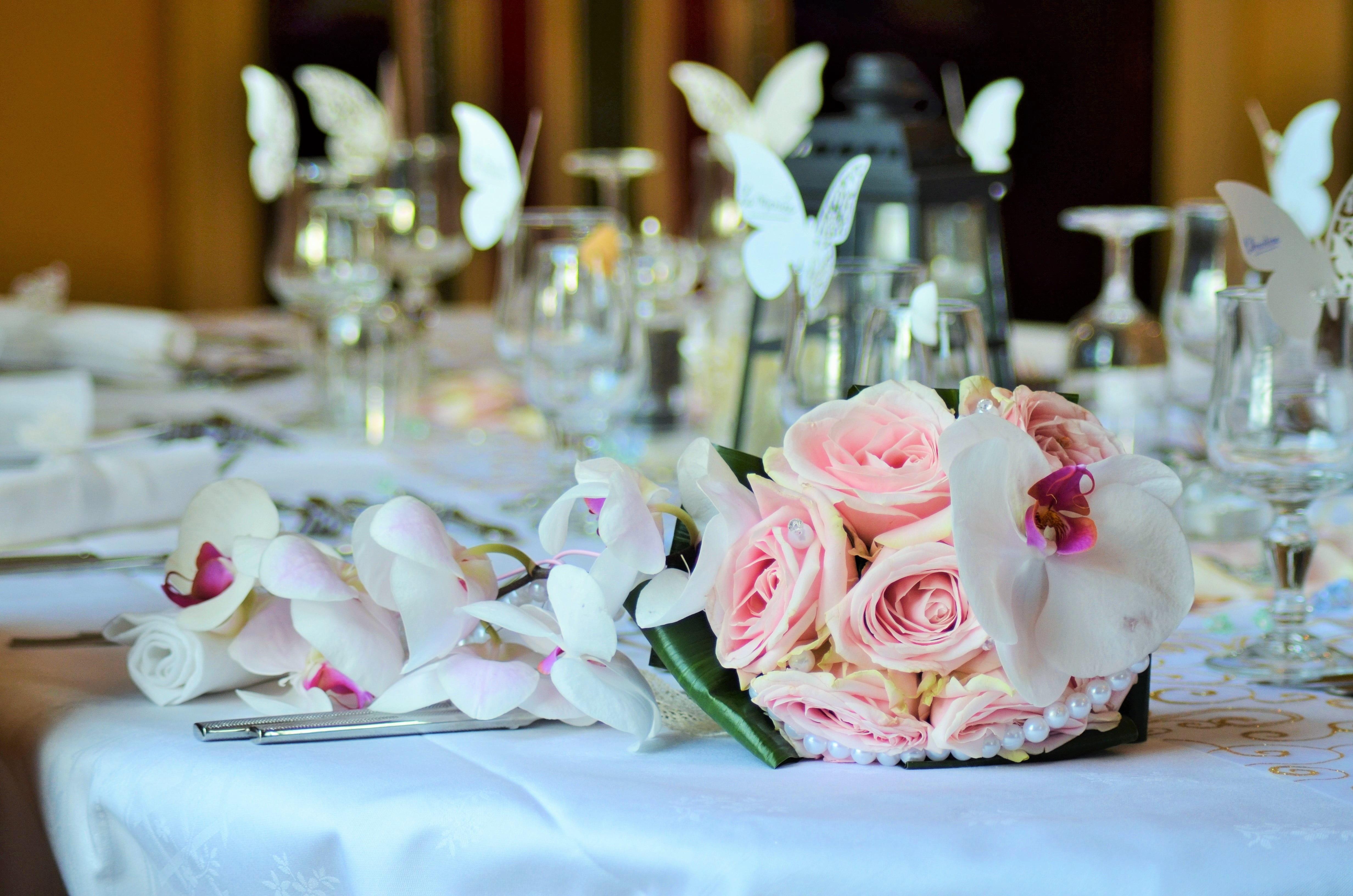 indoors, flowers, table, flower head, beside, festival, nature, 4K, elegance, i love you, wedding bouquet, close-up, pink color, catering, wedding photo, HD Wallpaper