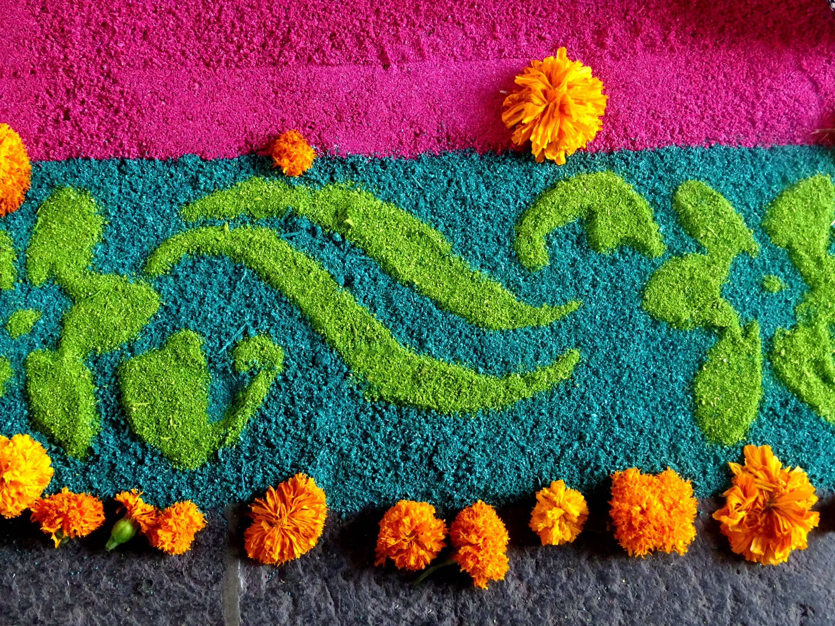 high angle view, crafts, yellow, mexican tradition, floral motif, creativity, nature, colors, mexican feasts, multi colored, petaled, sawdust, fix, festival, HD Wallpaper