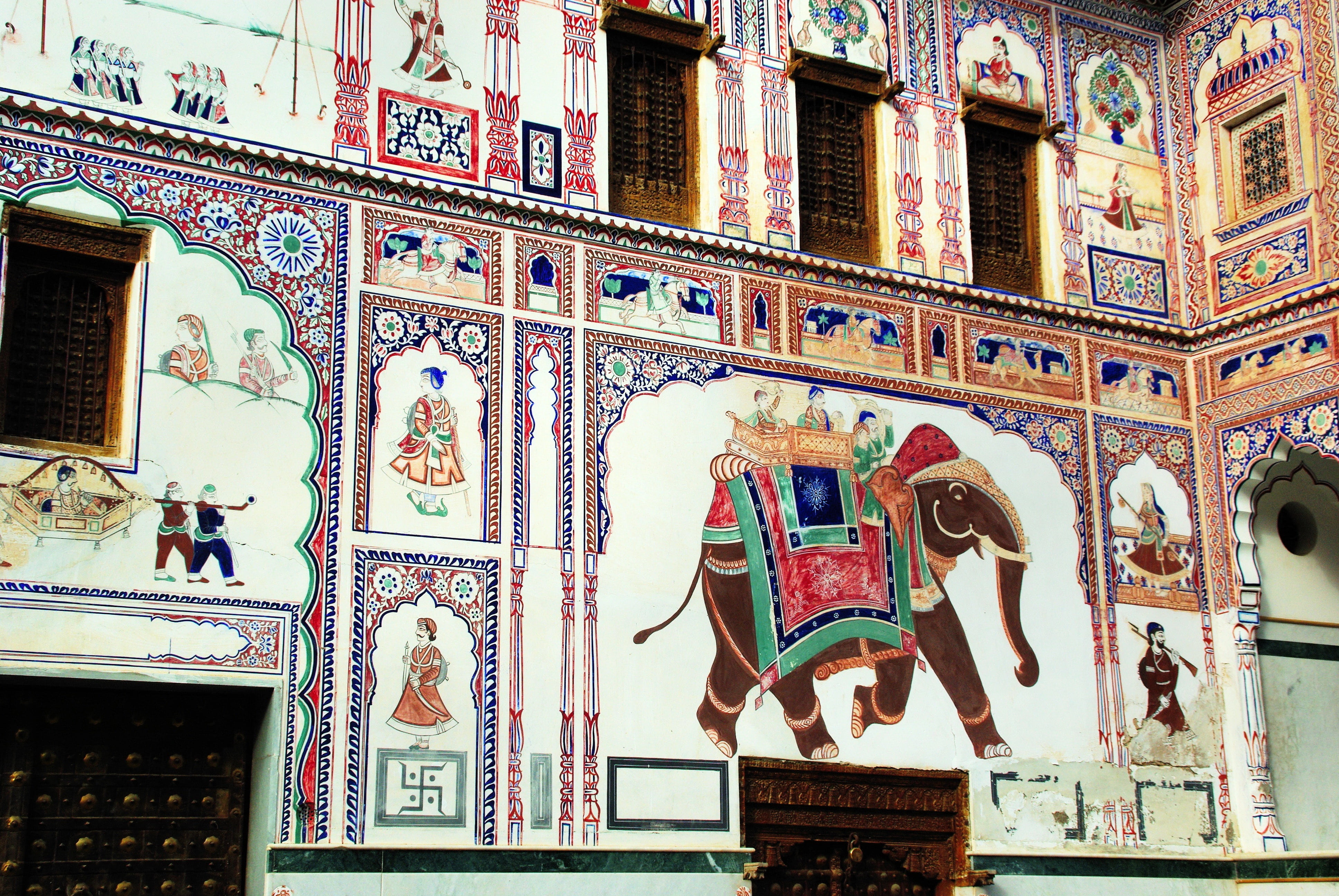 shekawati, mandawa, wall, design, architecture, human representation, built structure, no people, asia, mural, belief, rajastan, craft, spirituality, building exterior, HD Wallpaper