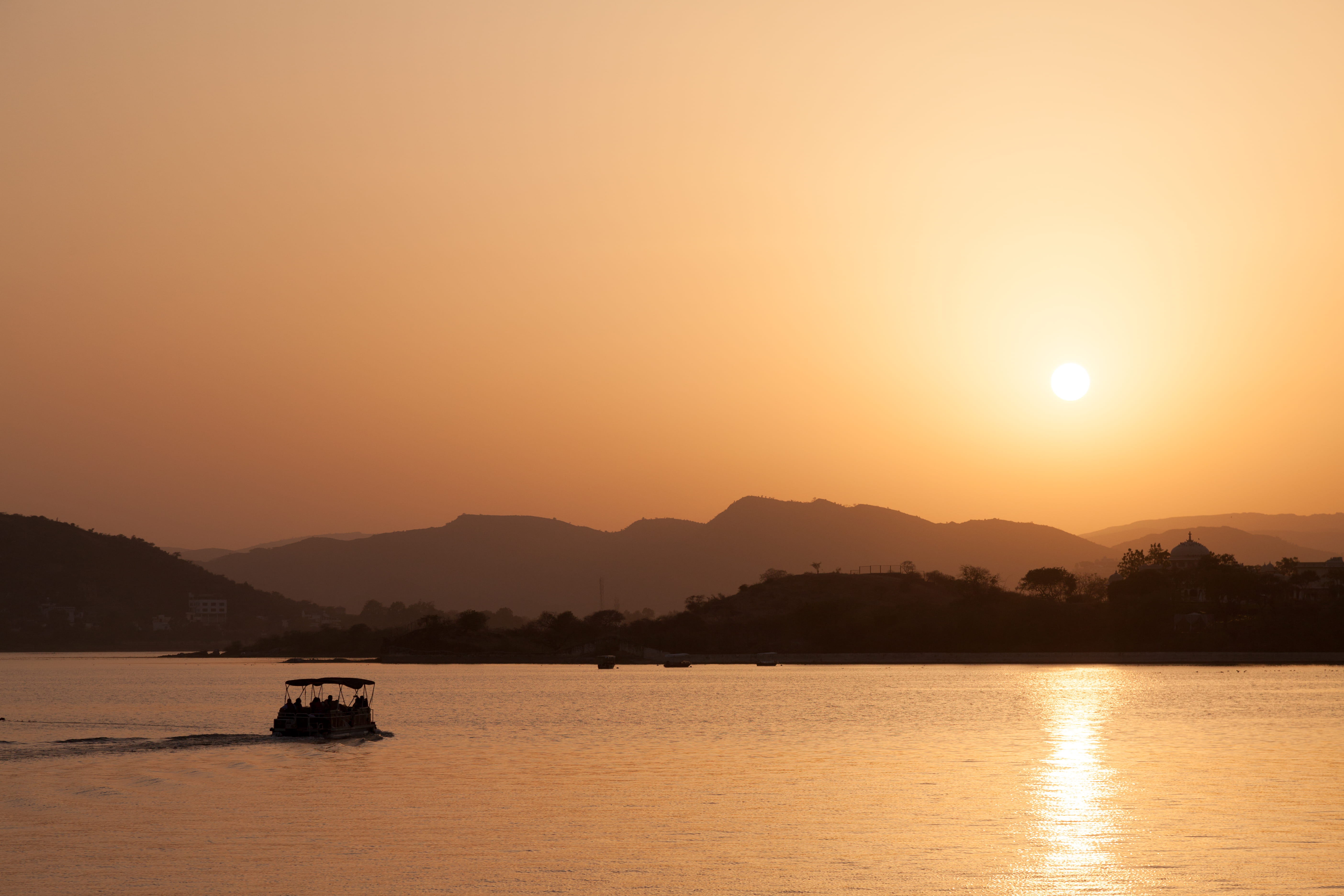 photo, lake, silhouette, mountain, india, asia, boat, sky, beauty in nature, transportation, nature, orange color, red sky, vehicle, waterfront, dawn, mode of transportation, HD Wallpaper