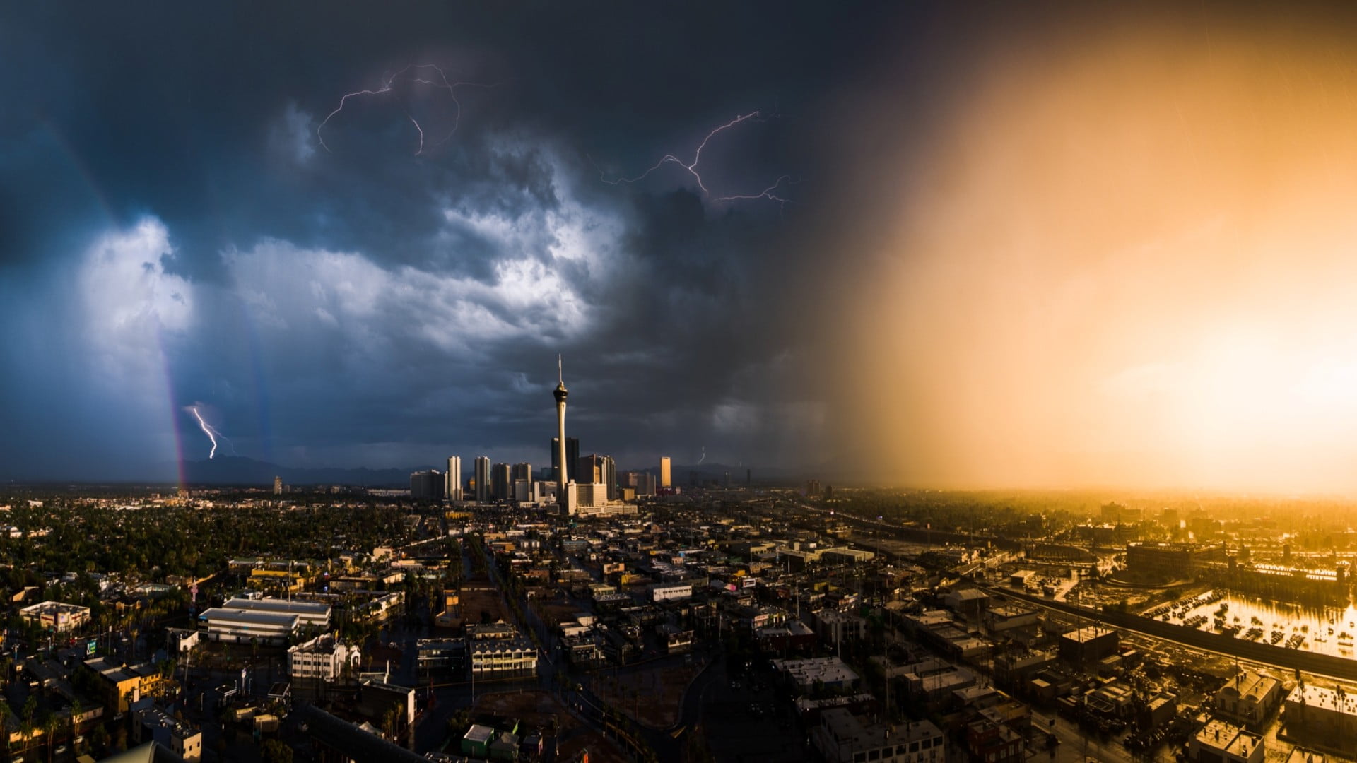 sunset, storm, nature, thunderstorm, photo, architecture, cloud - sky, Las Vegas, lightning, skyscraper, sky, no people, office building exterior, built structure, HD Wallpaper