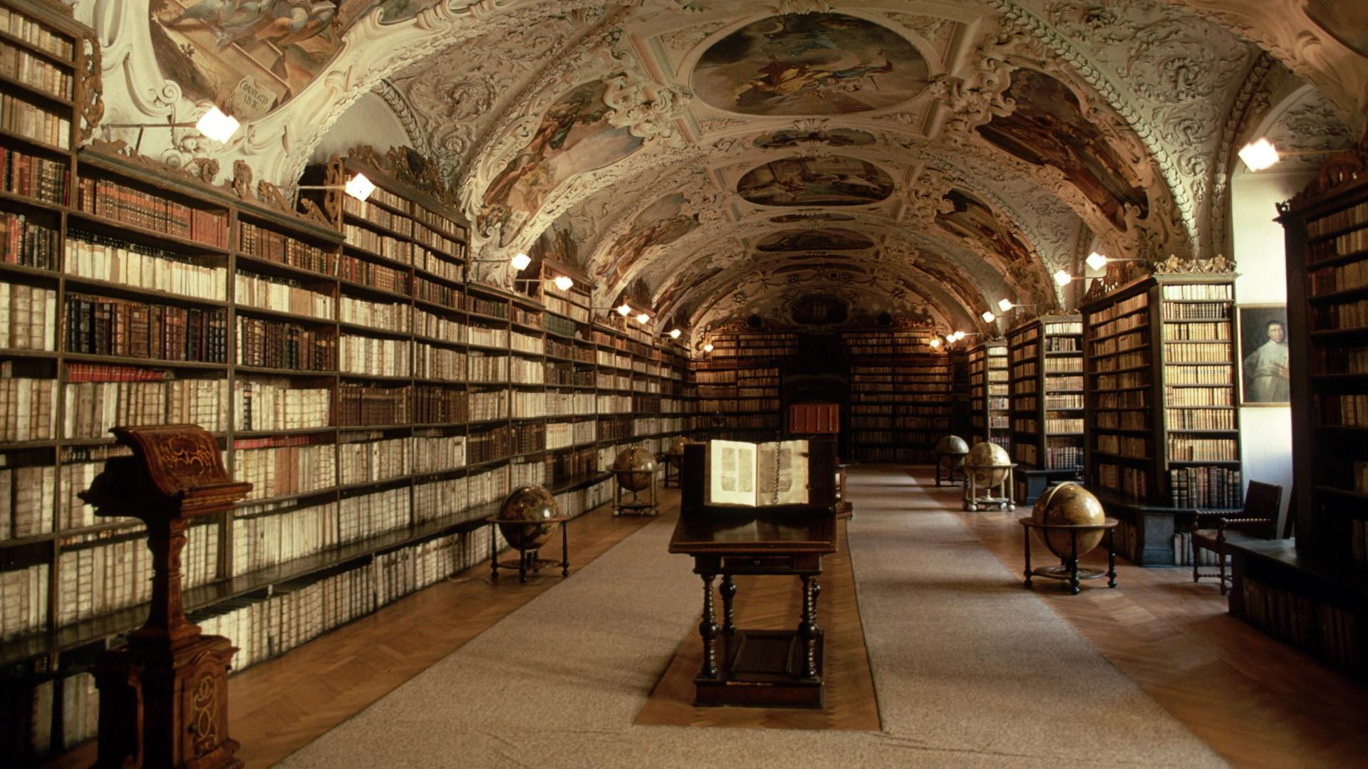 mural, europe, strahov library, aisle, prague, ceiling, arch, built structure, seat, learning, building, public library, architecture, bookshelf, the past, HD Wallpaper