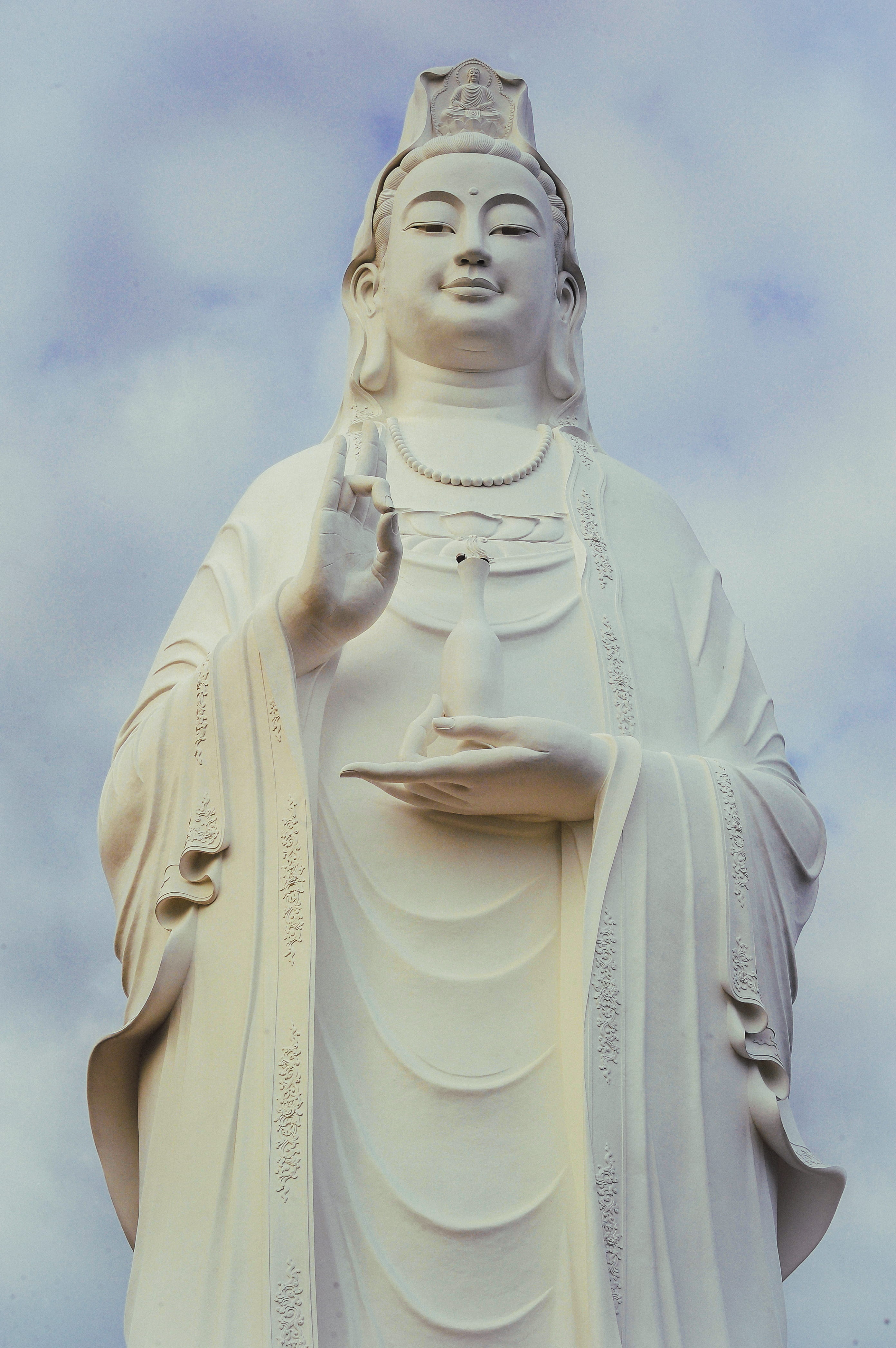 art and craft, 4K, worship, buddha, female likeness, religious belief, human representation, cloud - sky, statue, figure, sculpture, holy, low angle view, Phone HD Wallpaper