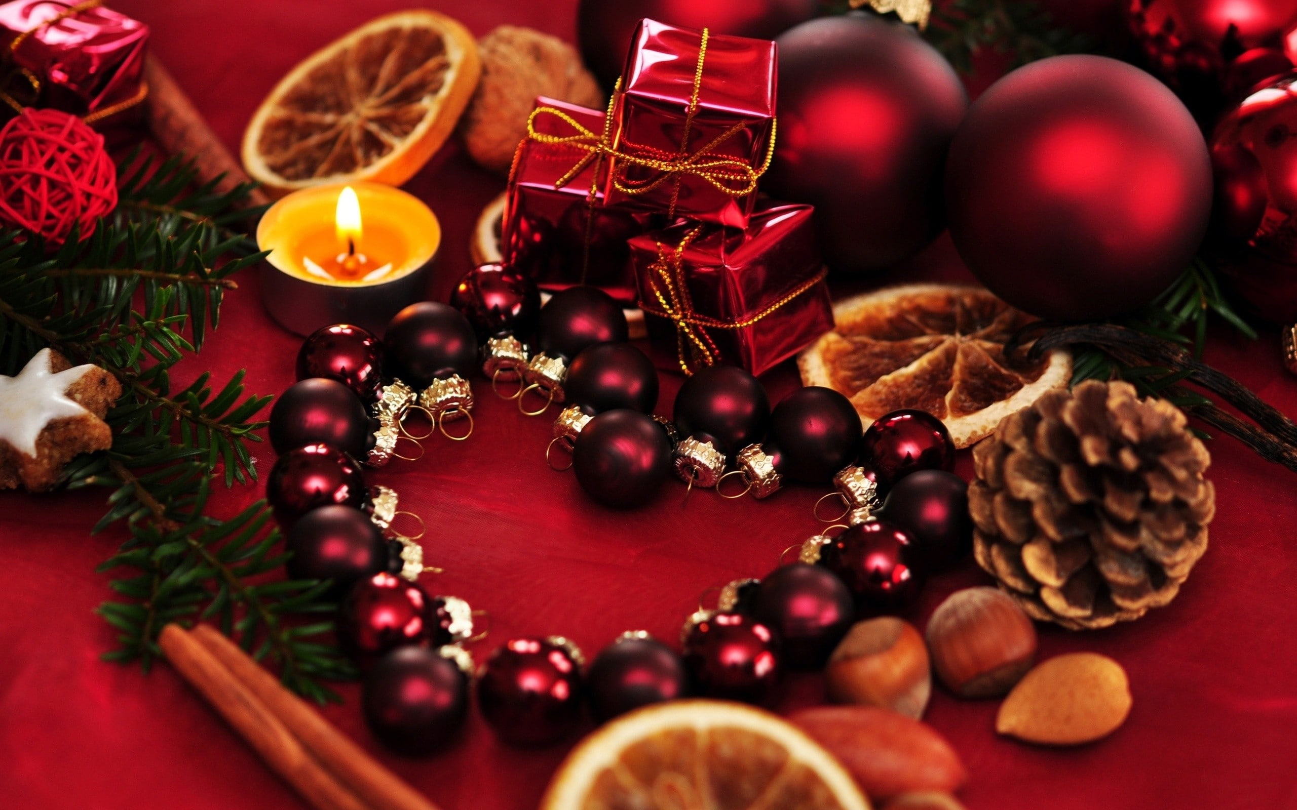 christmas decoration, candles, decoration, 2K, red, christmas ornament, still life, healthy eating, indoors, New Year, fruit, table, presents, Christmas, HD Wallpaper