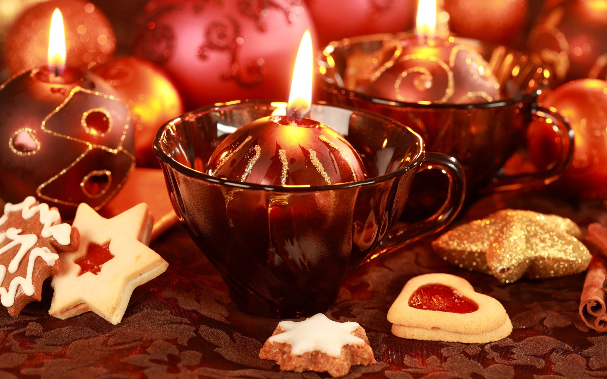 candles, 2K, New Year, Christmas, Christmas ornaments, cup, cookies, HD Wallpaper