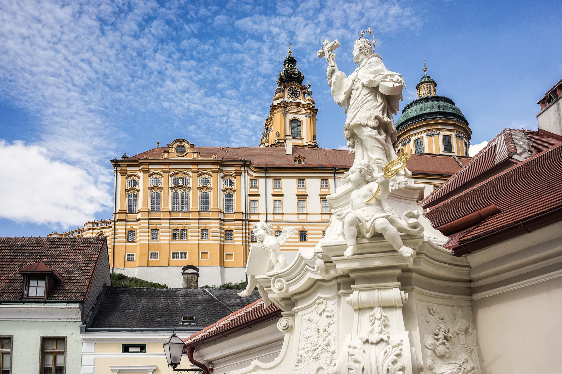statue, sky, cut out, day, cloud - sky, low angle view, sculpture, cloister, craft, no people, architecture, nature, yellow, melk, baroque, built structure, HD Wallpaper