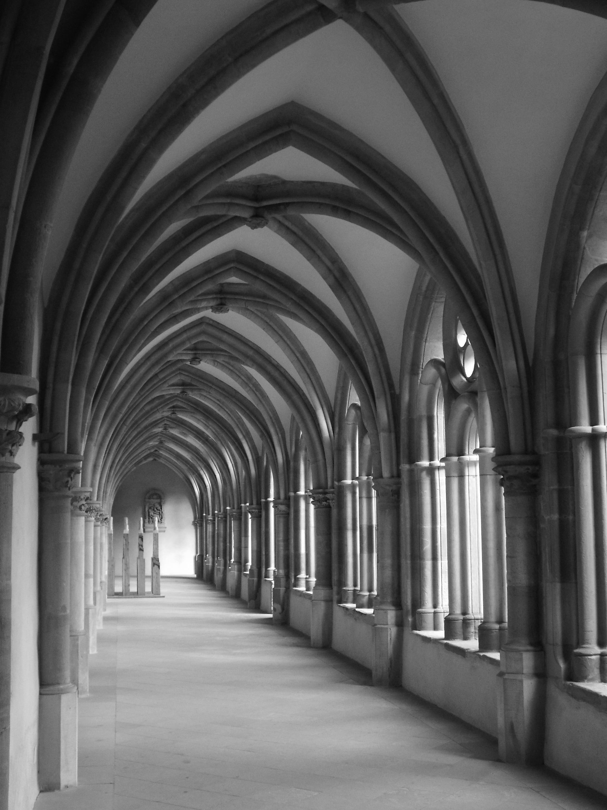 Black, history, in a row, architectural column, indoors, built structure, Cloister, day, Trier, arched, the way forward, long, direction, cloister, repetition, Phone HD Wallpaper