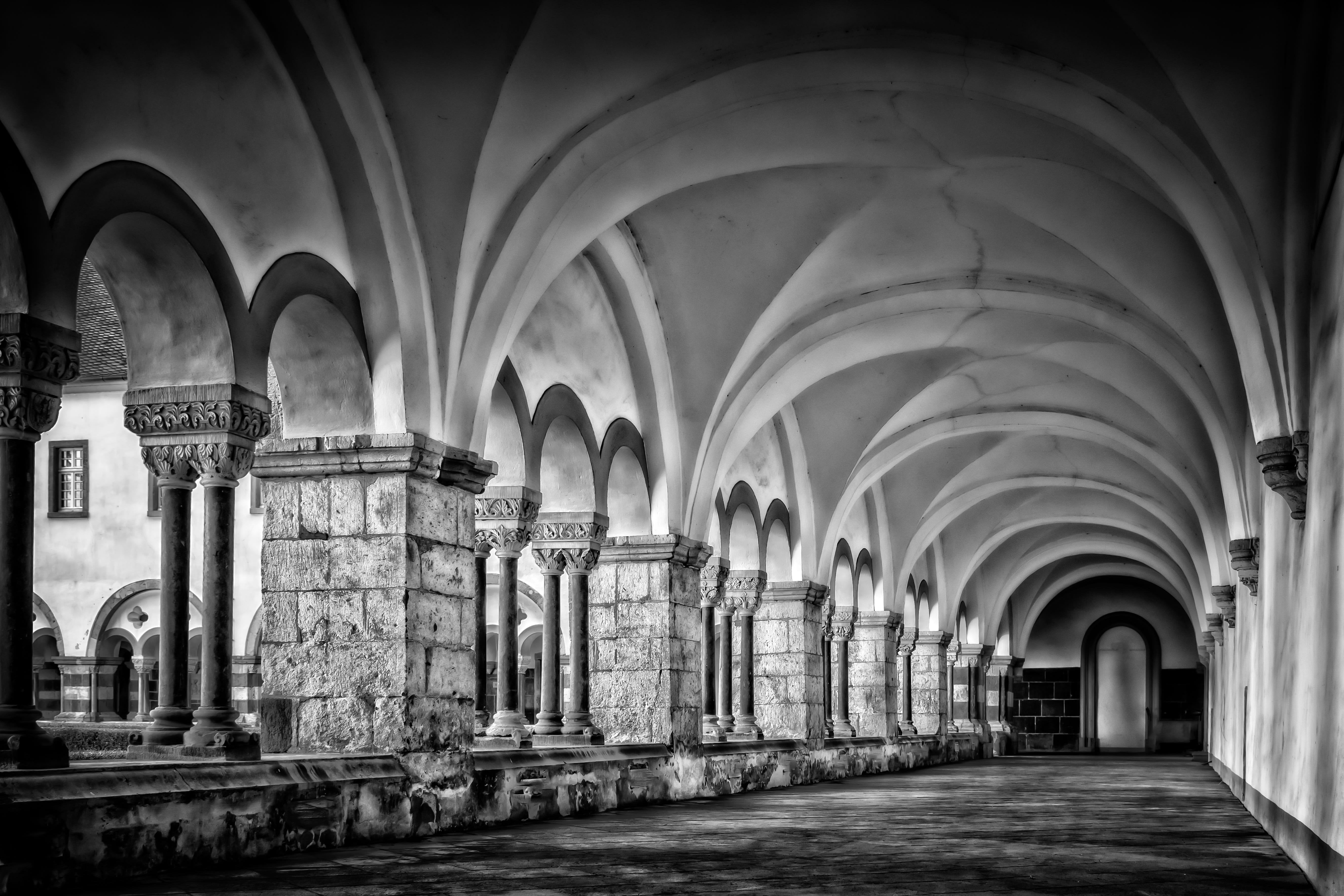 religion, history, black and white, monastery, colonnade, abbey, 5K, belief, pillar, interior, corridor, photo, gothic style, historically, architecture, HD Wallpaper
