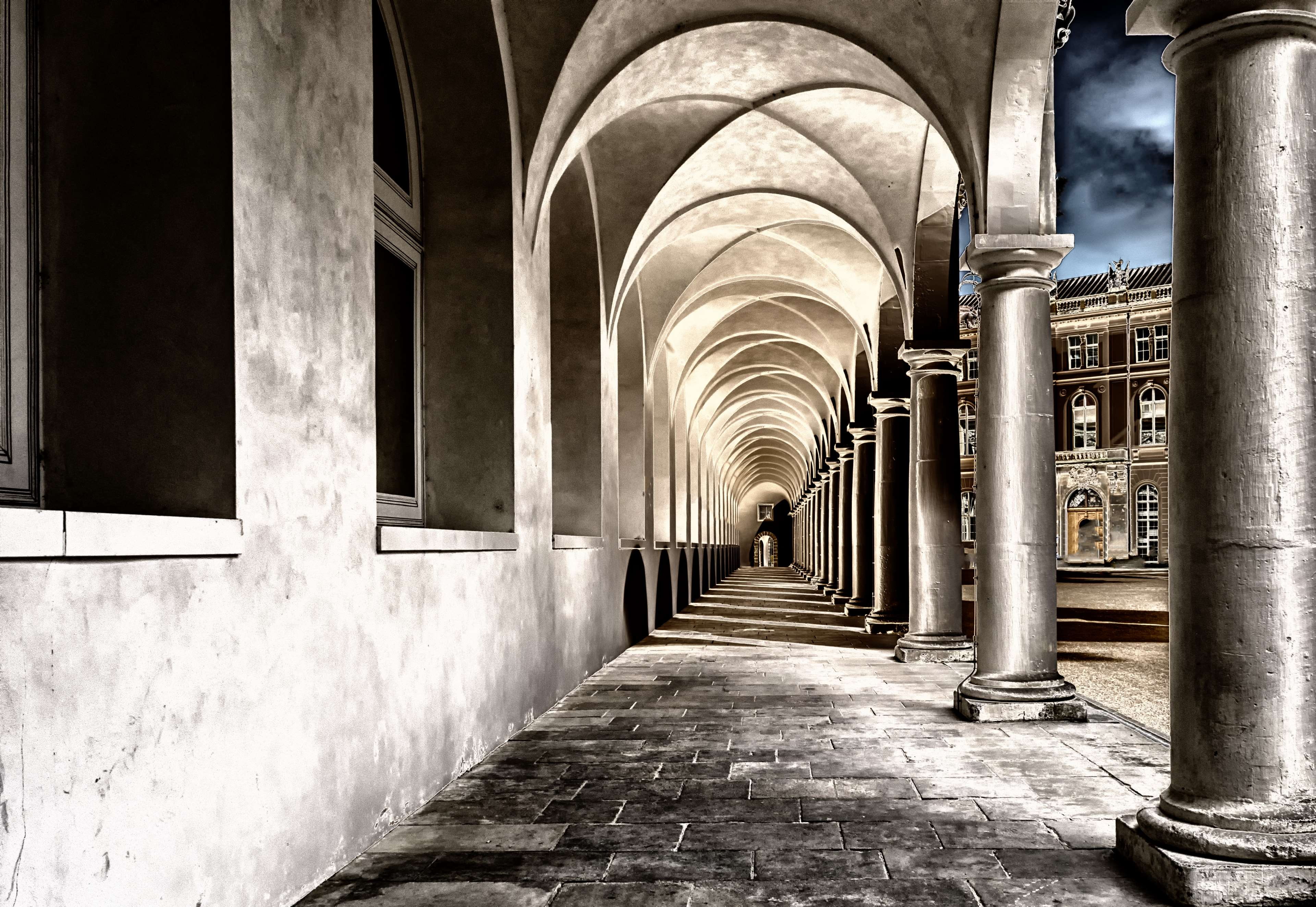 art, colonnade, saxony, old, light, dresden, the way forward, diminishing perspective, monastery church, arcade, building, history, building exterior, built structure, HD Wallpaper