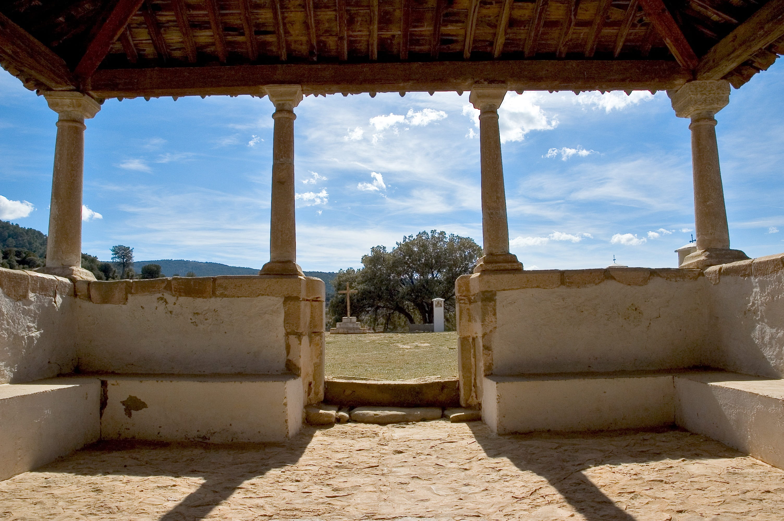 colonnade, spain, archaeology, lobby, patio, nature, 2K, gallery, no people, the past, monastery, gantry, medieval, architectural column, cloud - sky, HD Wallpaper