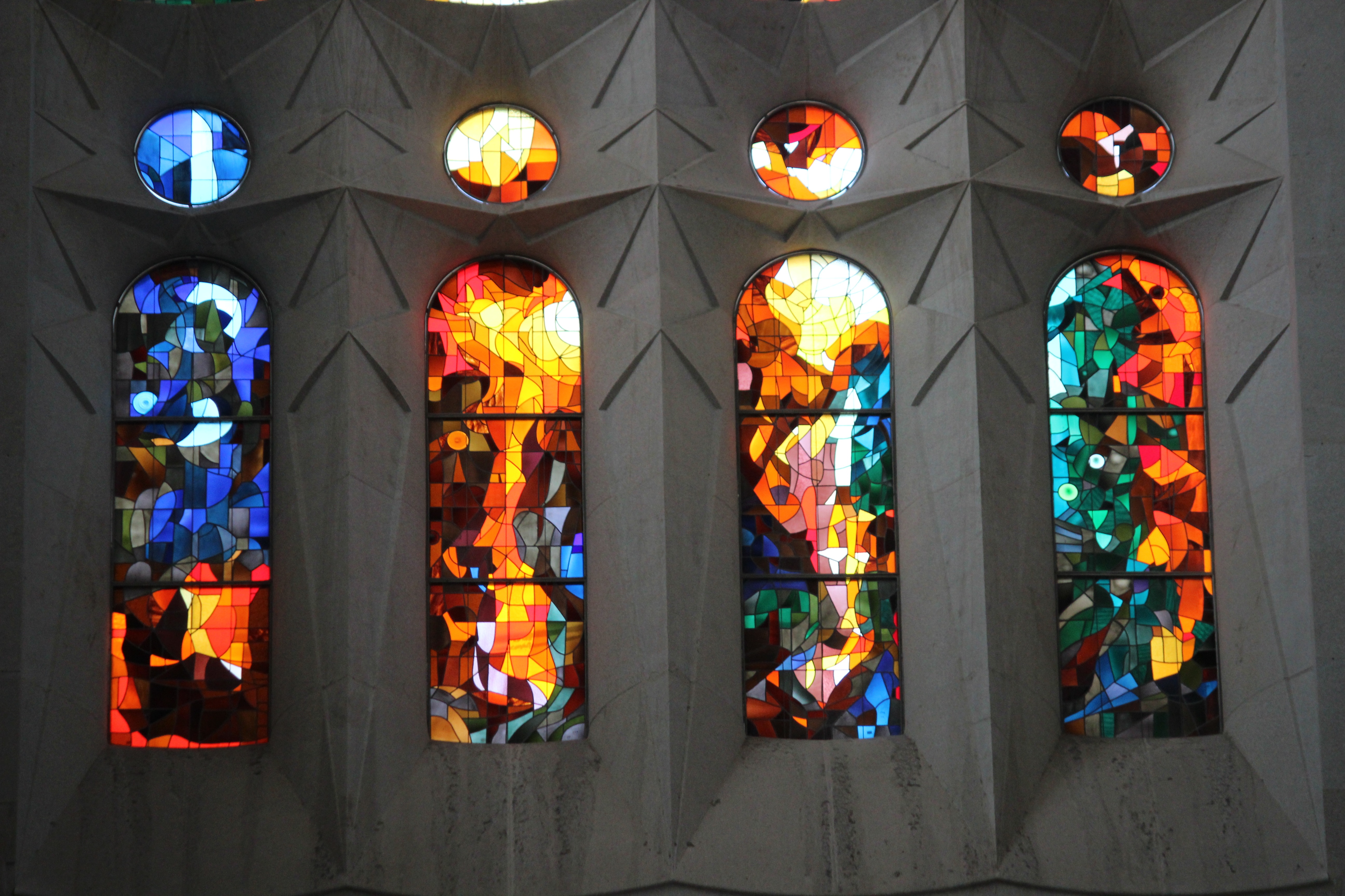 lighting equipment, spain, travel, design, stained glass, colors, low angle view, barcelona, place of worship, spirituality, creativity, cathedral, 5K, HD Wallpaper