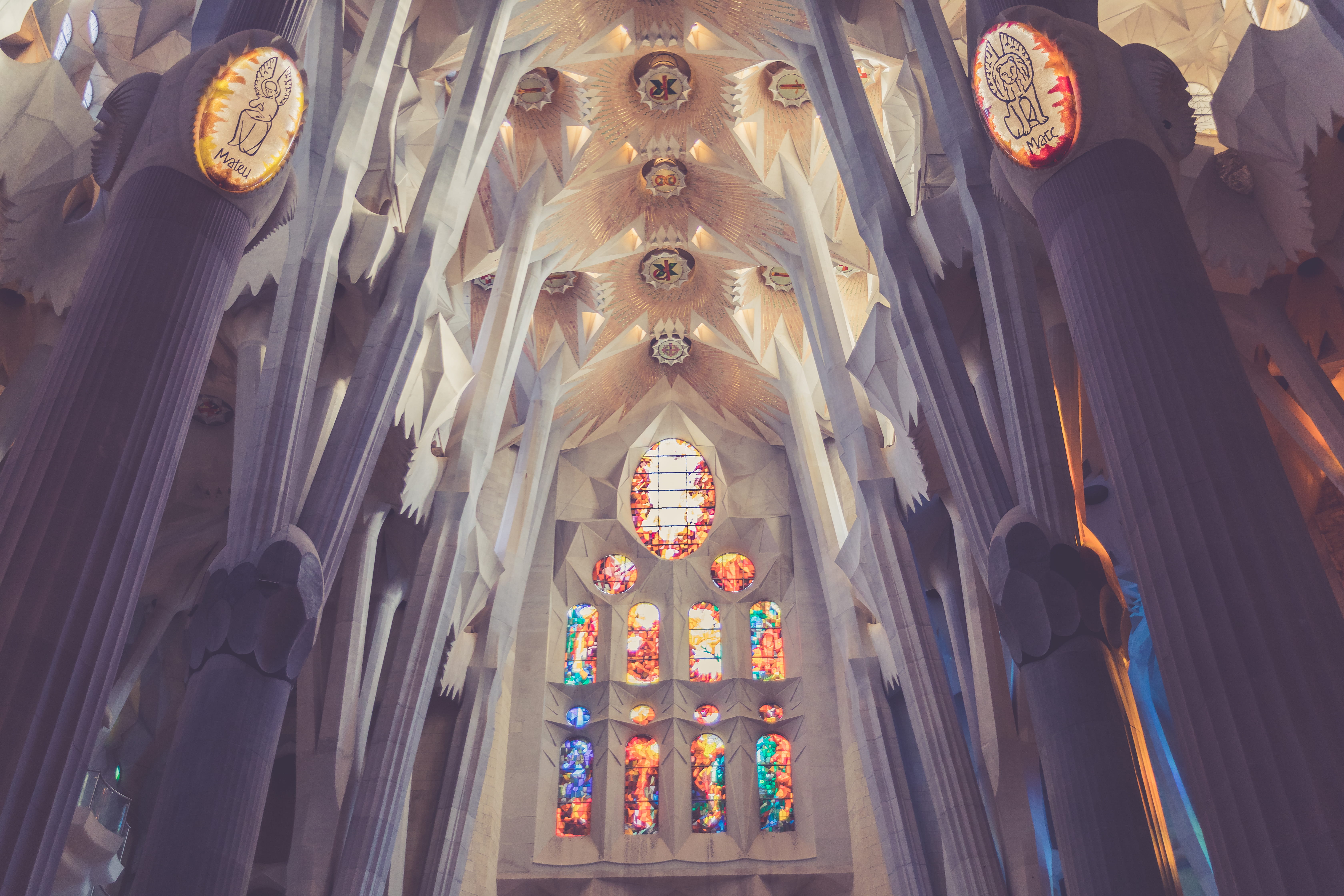 no people, art and craft, built structure, cathedral, lights, stained glass, male likeness, low angle view, building, belief, glass, spain, barcelone, sagrada familia, HD Wallpaper