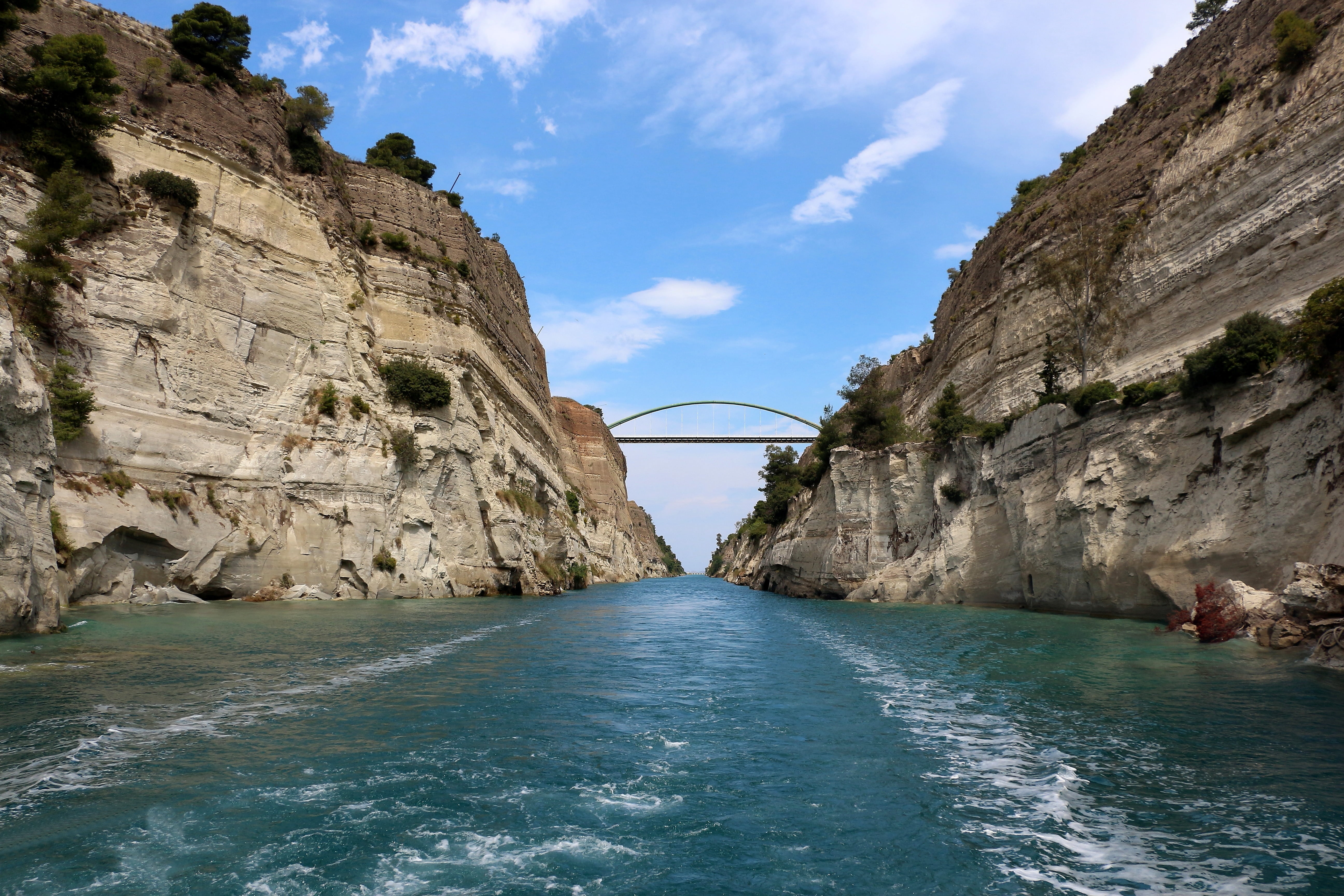 sky, mountain, architecture, formation, greece, channel, arch bridge, corinth canal, built structure, waterfront, waterway, rock formation, travel destinations, HD Wallpaper