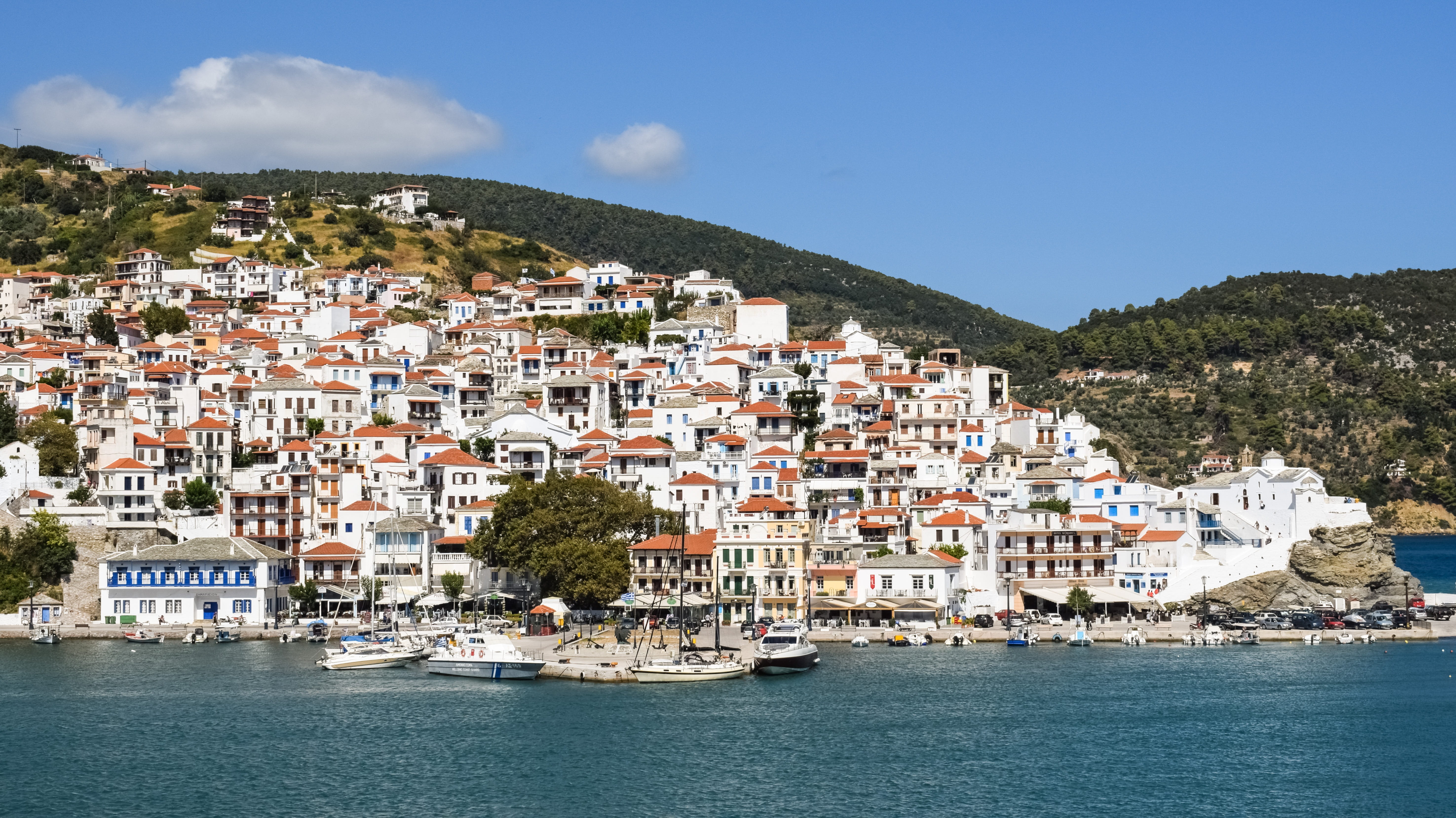 nature, harbor, city, destination, 5K, summer, yacht, sea, community, tourism, built structure, water, vacation, skopelos, house, land, residential district, HD Wallpaper