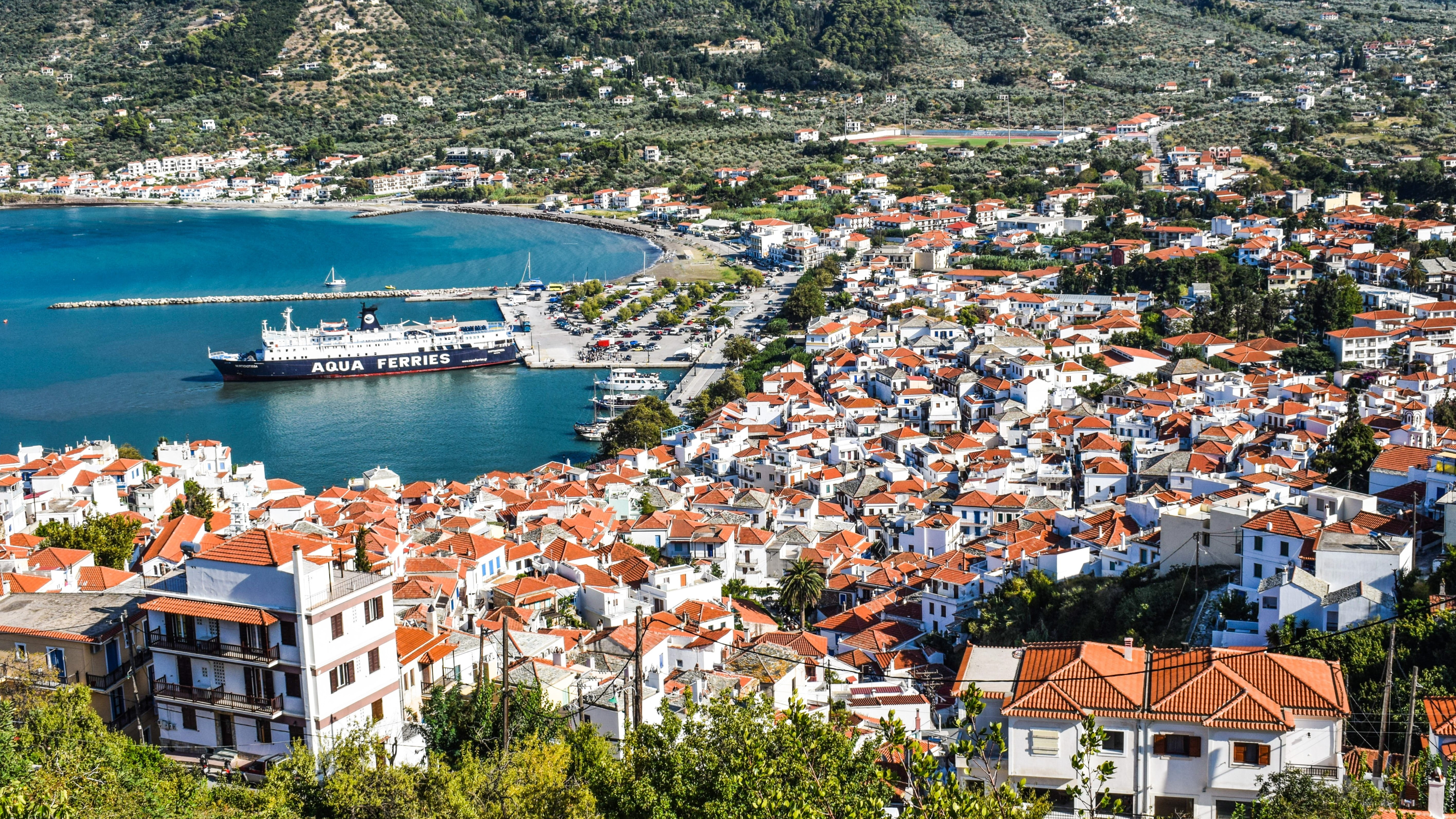built structure, crowd, building, high angle view, transportation, town, architecture, plant, nature, day, mode of transportation, tourism, city, chora, HD Wallpaper
