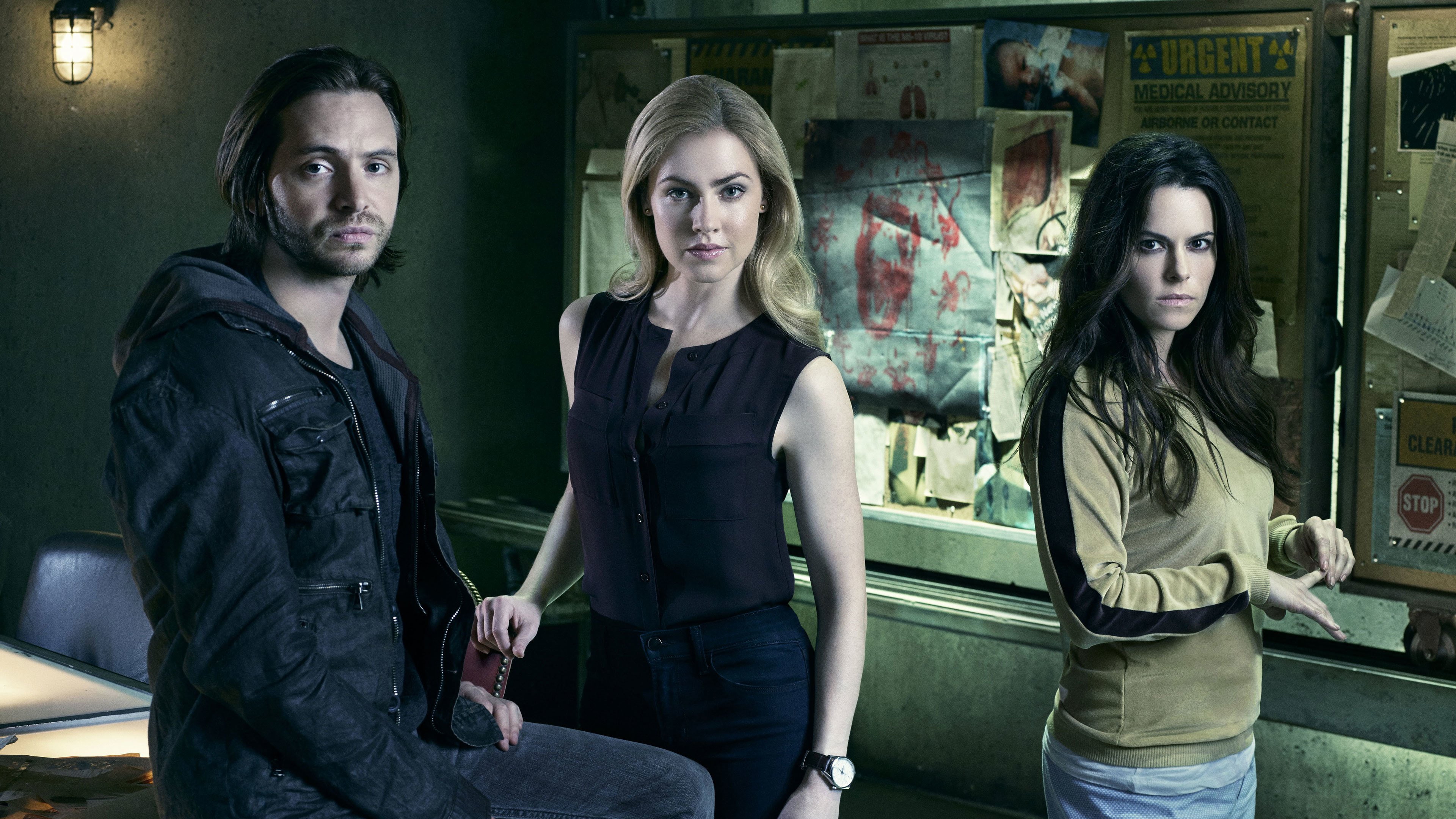 4K, table, board, Amanda Schull, Aaron Stanford, near, 4K, woman, Emily Hampshire, poster, 12 Monkeys, HD Wallpaper