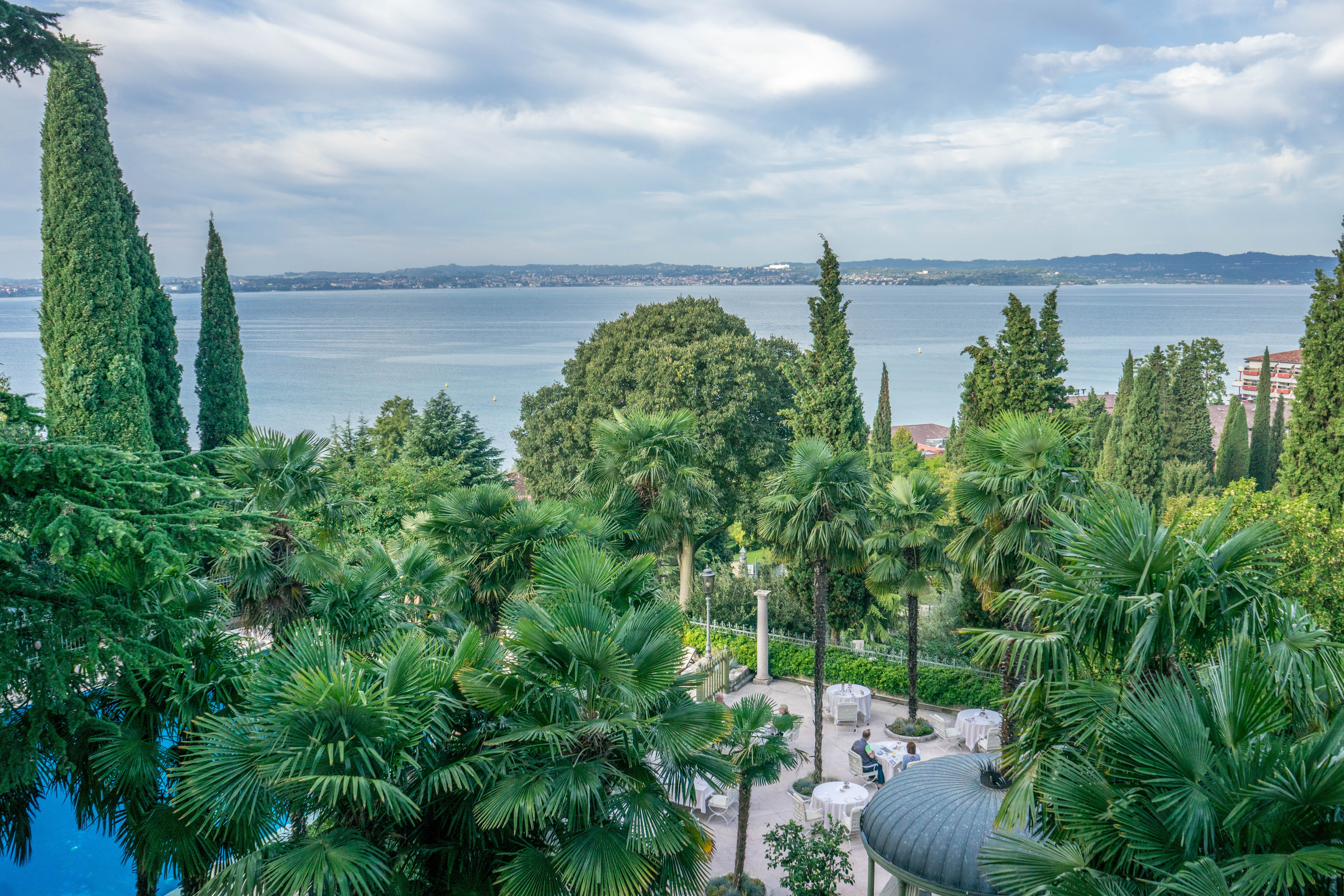 coconut palm tree, luxury, cloud - sky, lake garda, tranquility, tourism, pool, tranquil scene, day, landmark, view, scenics - nature, palm tree, tropical climate, HD Wallpaper