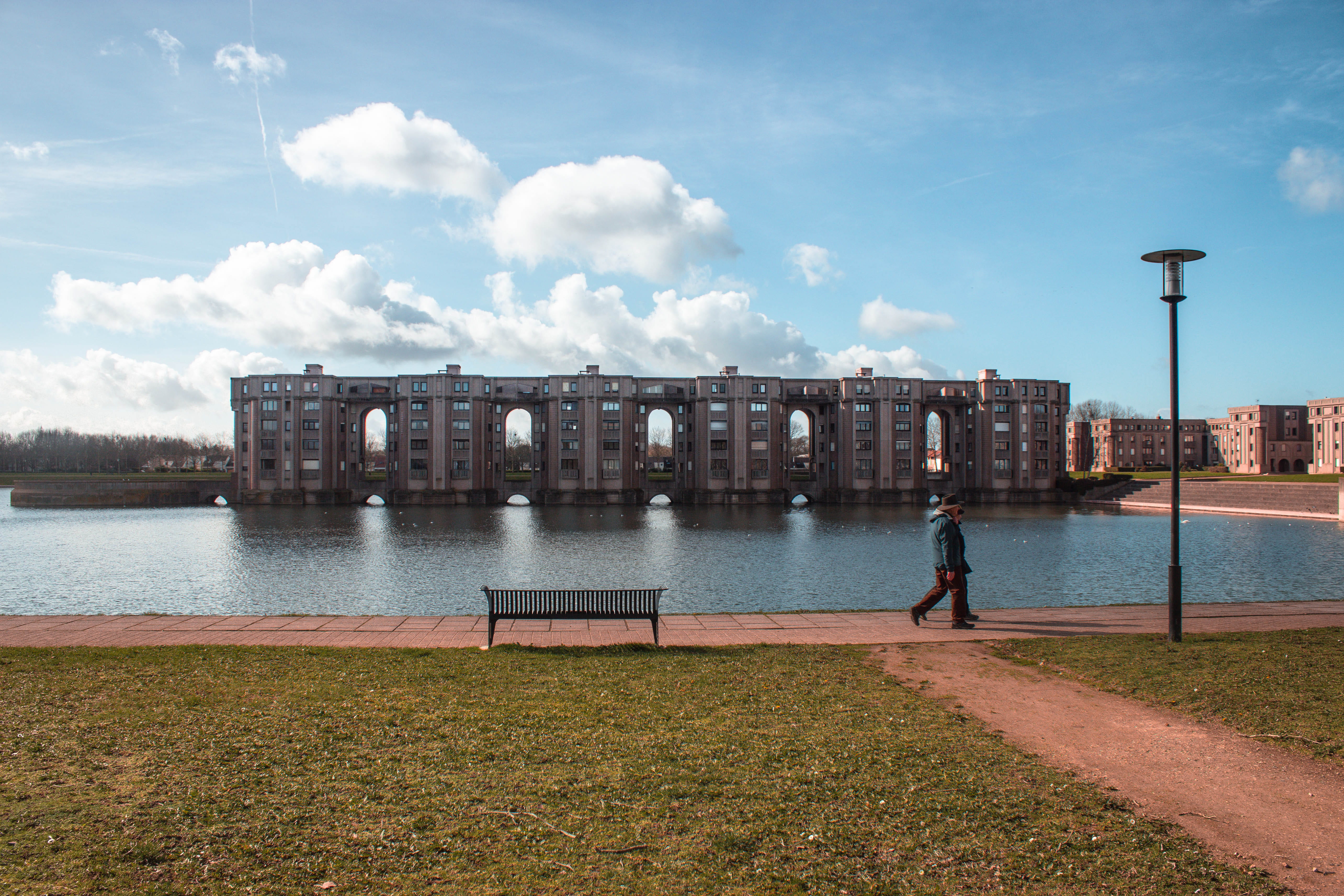 tower, day, built structure, minimalism, street, nature, person, town, leisure activity, outdoors, city, bench, structure, water, river, architecture, steeple, HD Wallpaper
