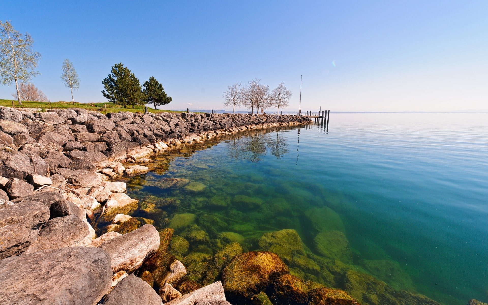 landscape, rock, blue, stones, beauty in nature, groyne, non-urban scene, tranquil scene, tranquility, solid, scenics - nature, tree, day, idyllic, water, HD Wallpaper
