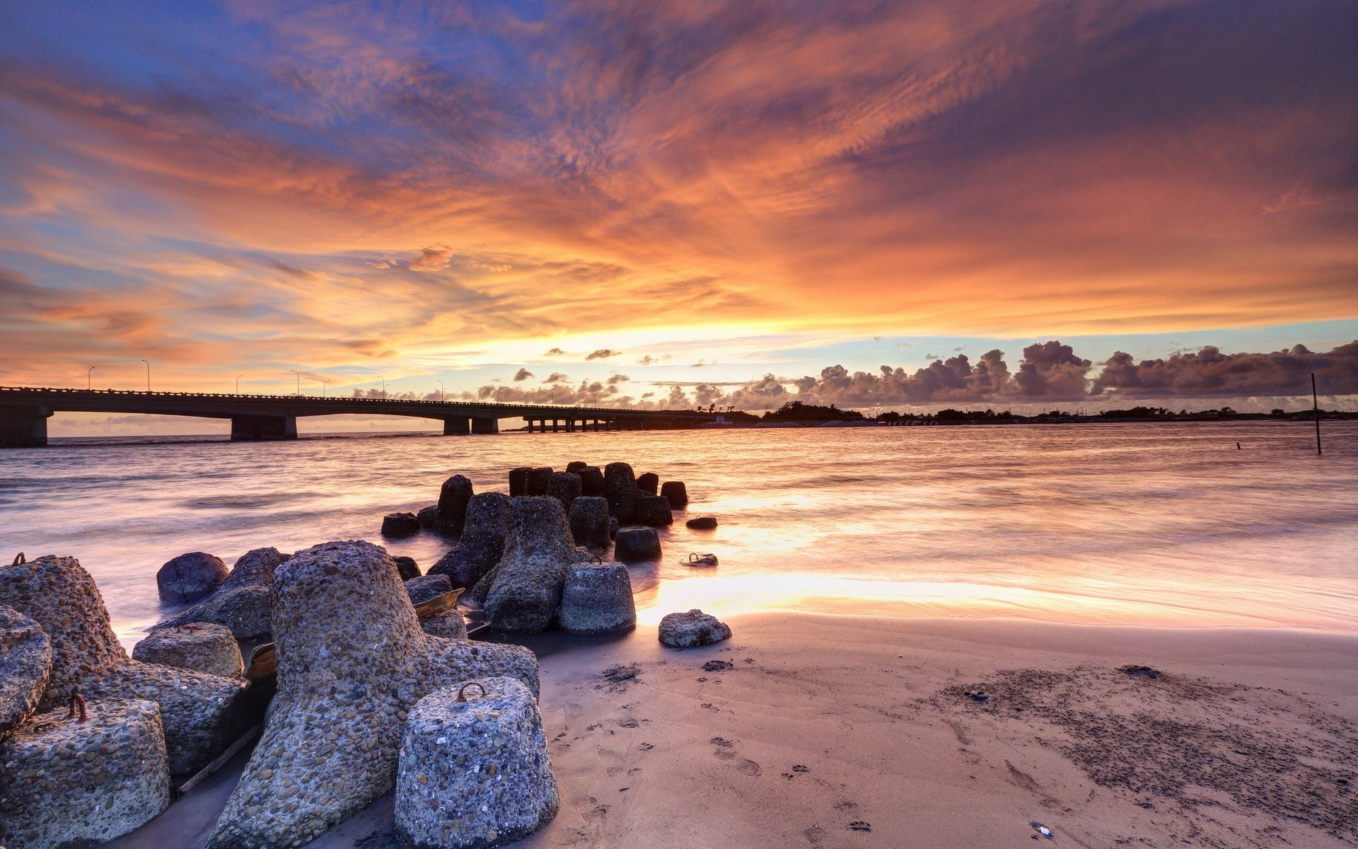 tranquility, landscape, 1080P, long exposure, sunset, rock - object, no people, land, idyllic, solid, groyne, coast, sky, water, scenics - nature, cloud - sky, HD Wallpaper