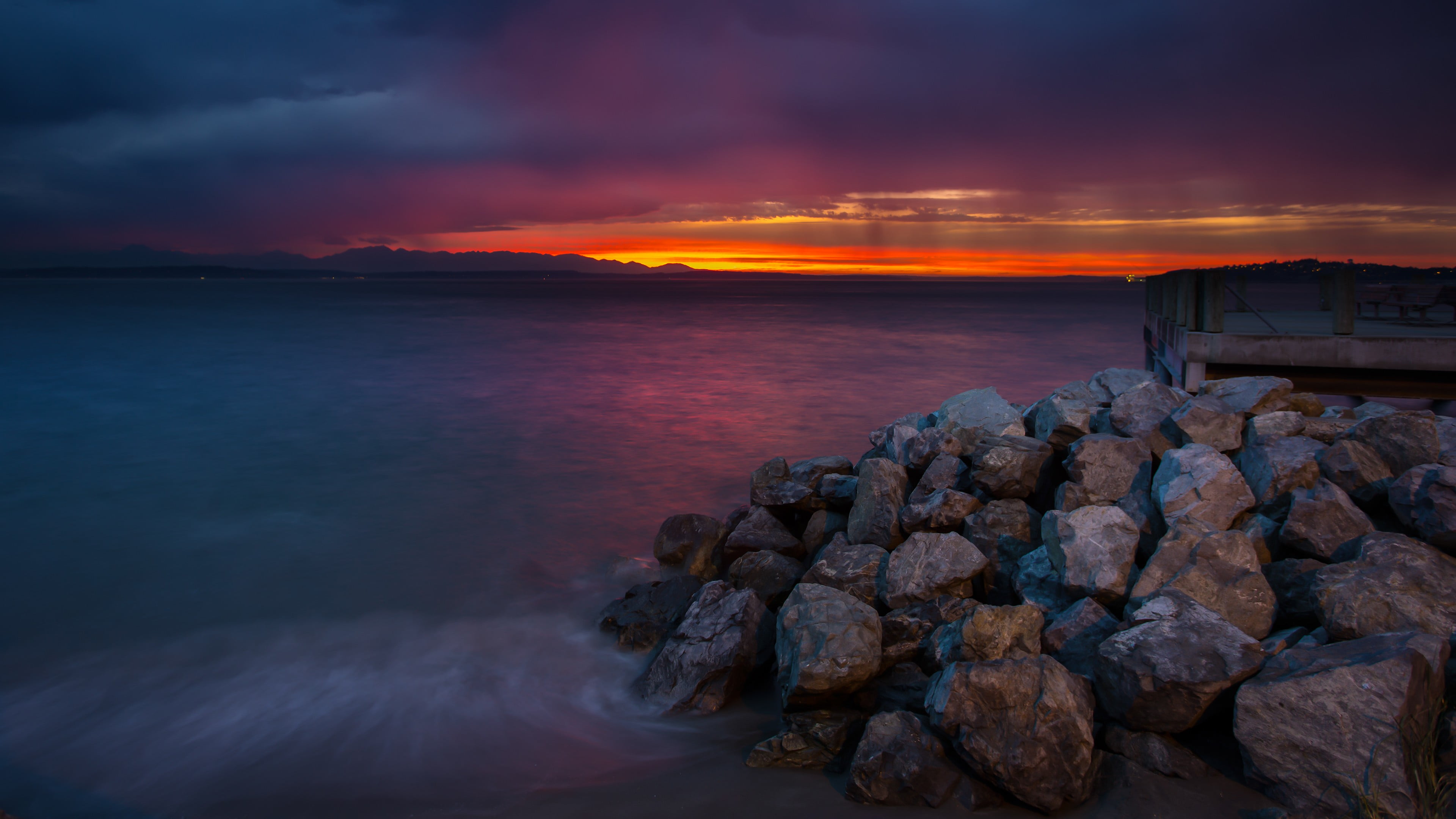 nature, groyne, tranquility, sea, land, horizon over water, long exposure, 4K, outdoors, rock, no people, sky, rock - object, horizon, water, romantic sky, HD Wallpaper