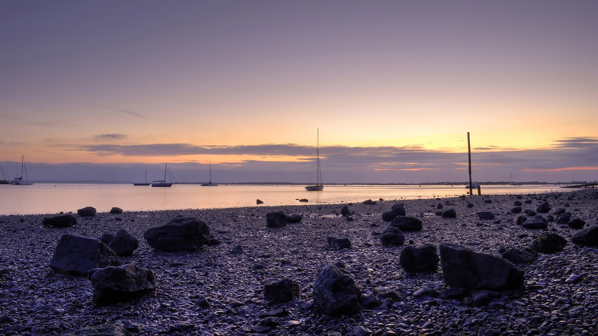 sea, idyllic, outdoors, horizon over water, stones, rock, non-urban scene, tranquil scene, beauty in nature, tranquility, water, dusk, solid, sunset, cloud - sky, HD Wallpaper