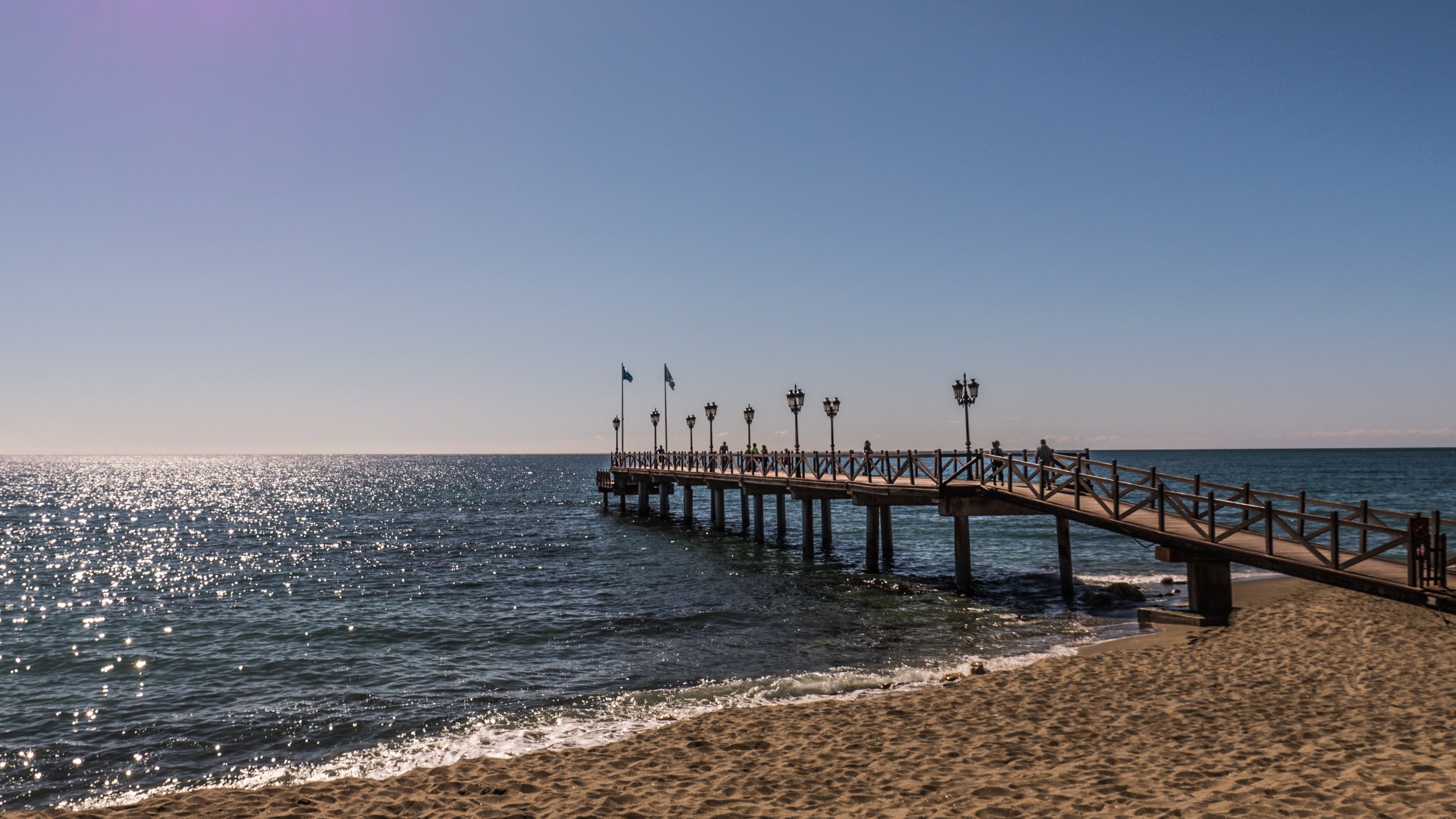 marbella, andalusia, costa del sol, blue, malaga, spain, groyne, pier, sea, sky, no people, day, beach, 2K, tranquil scene, copy space, nature, tranquility, HD Wallpaper