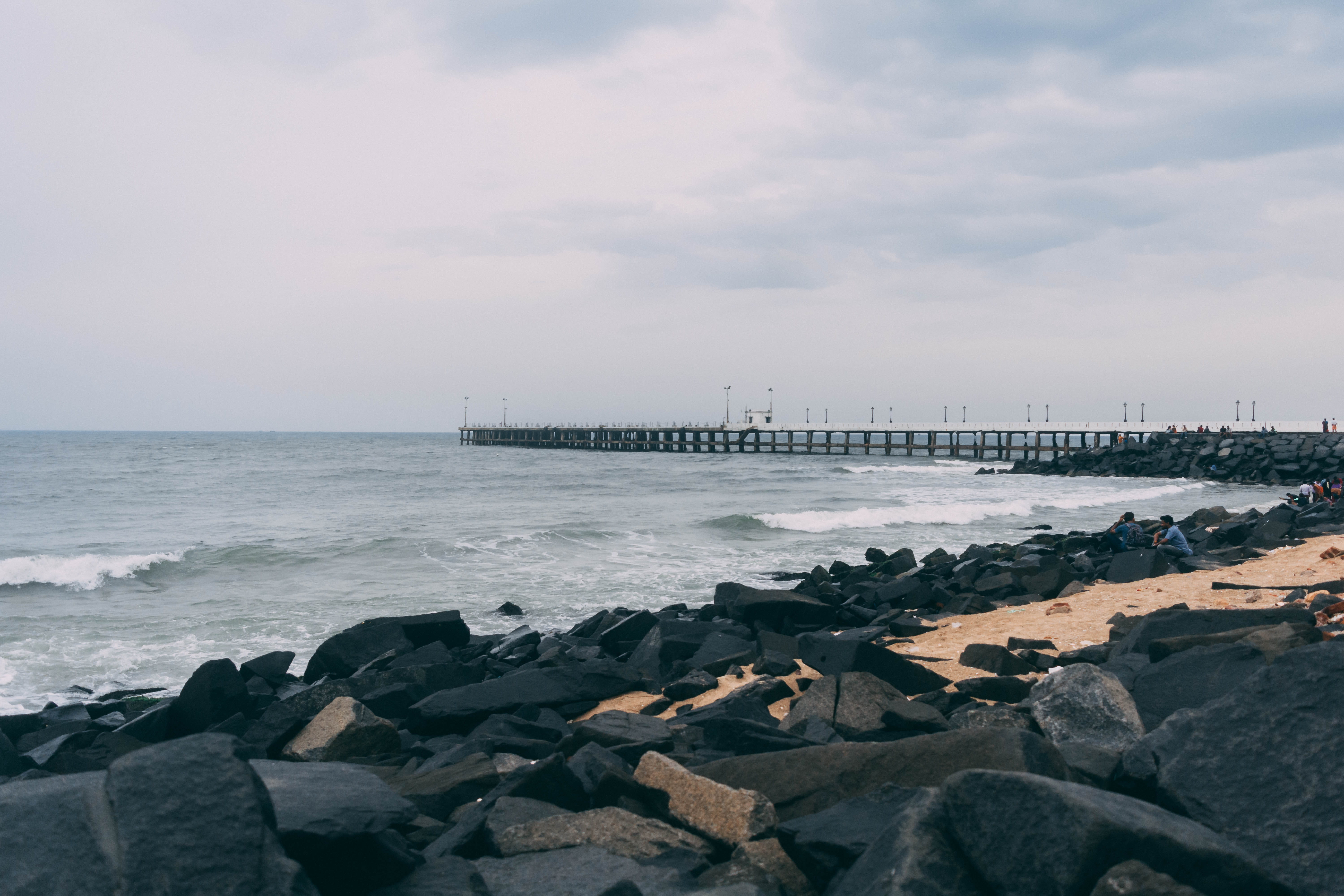 rock beach, day, outdoors, india, puducherry, nature, motion, sand, cloud - sky, tranquility, beach, solid, groyne, blue, land, black, no people, scenics - nature, HD Wallpaper