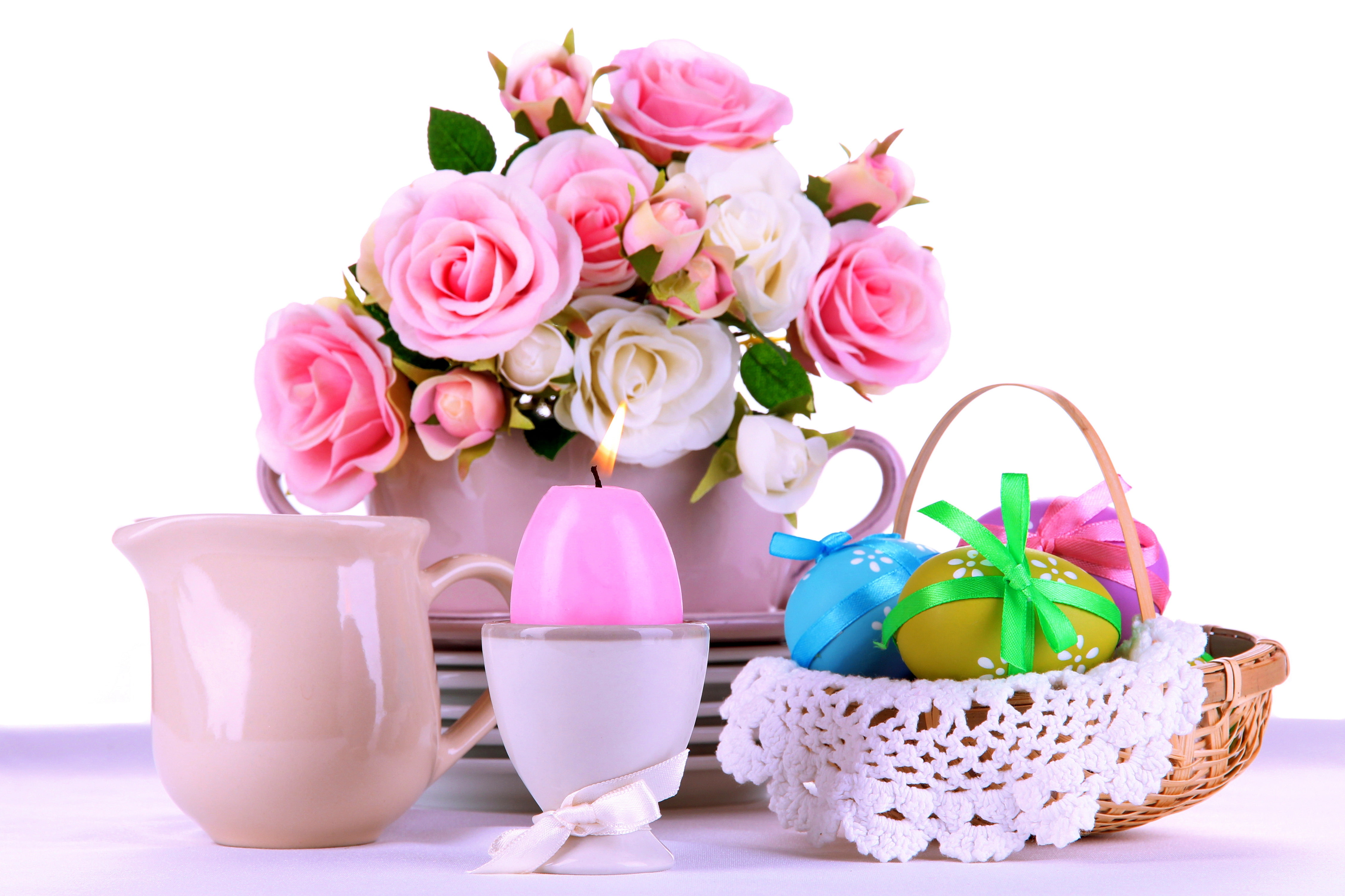 pink, eggs, candle, roses, flowers, 4K, Easter, serving, HD Wallpaper