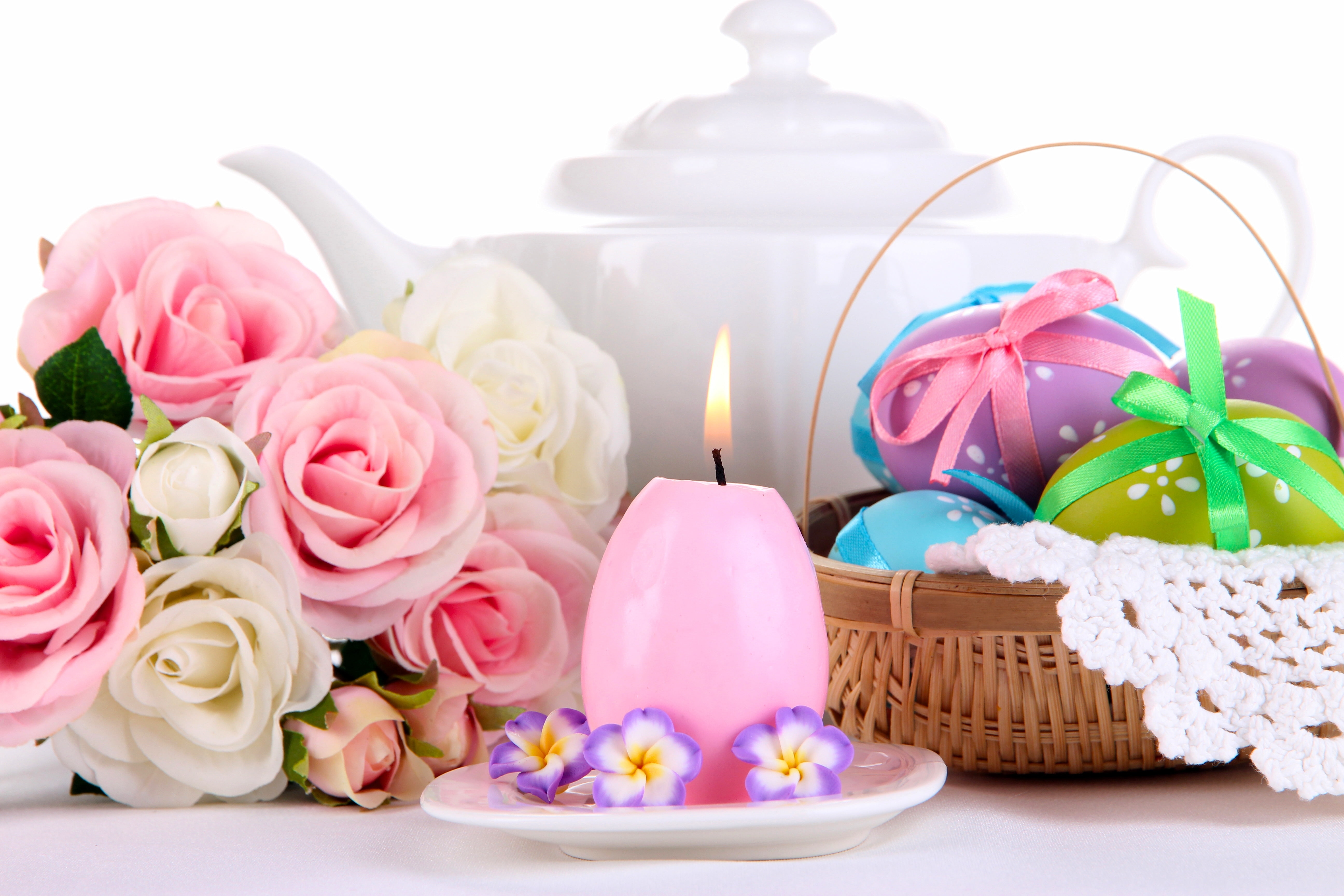 5K, eggs, Easter, candle, bouquet, basket, flowers, roses, HD Wallpaper