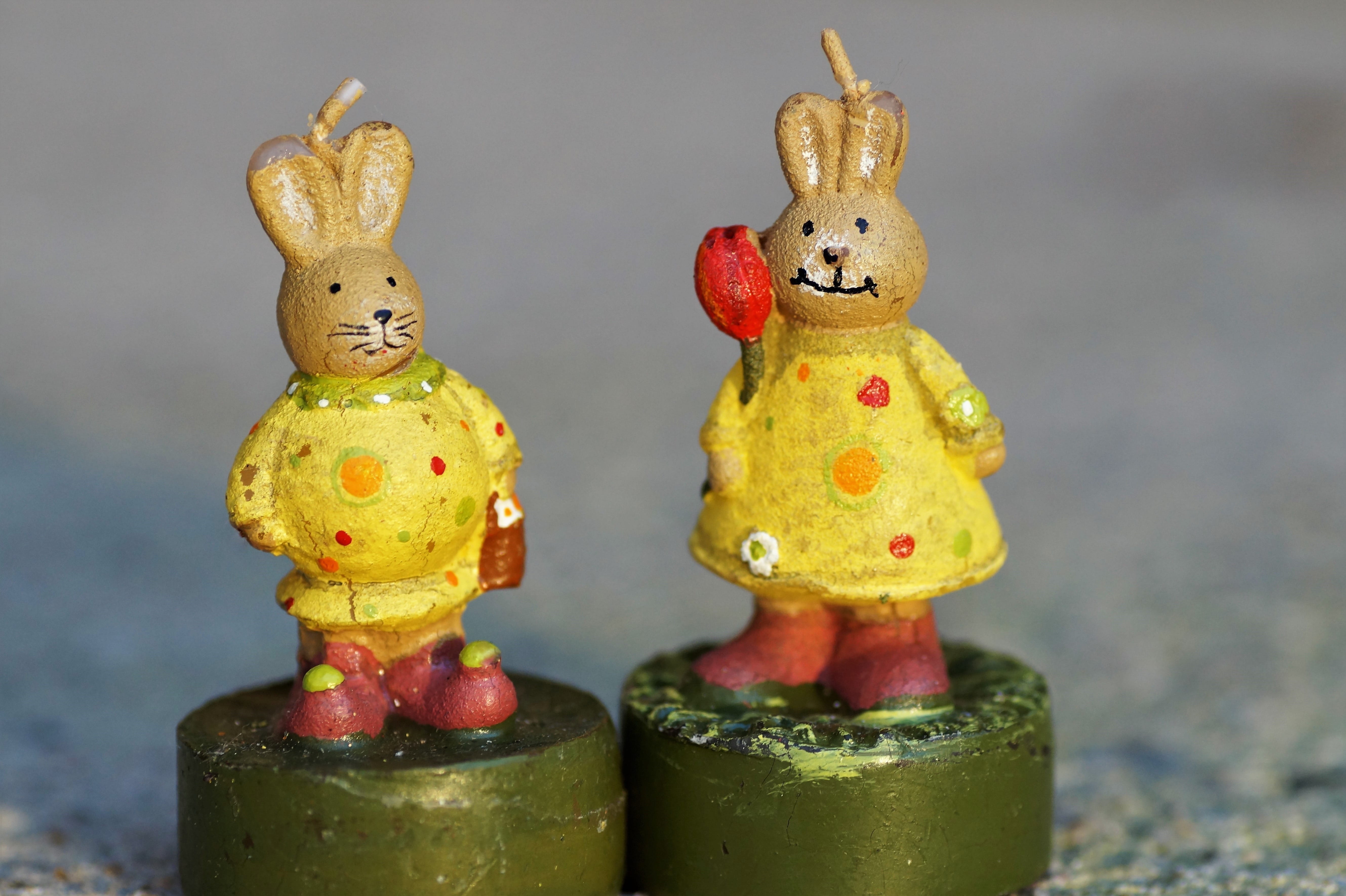 female hares, table, studio shot, multi colored, toy, creativity, easter, bunny girl, wax, close-up, from the wax, human representation, focus on foreground, HD Wallpaper