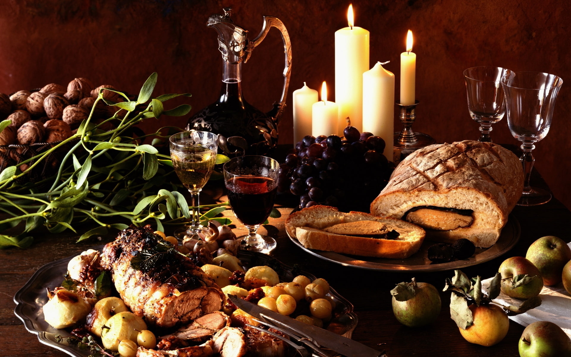 dinner, wine, grapes, cake, food, 1080P, still, nature, candels, HD Wallpaper