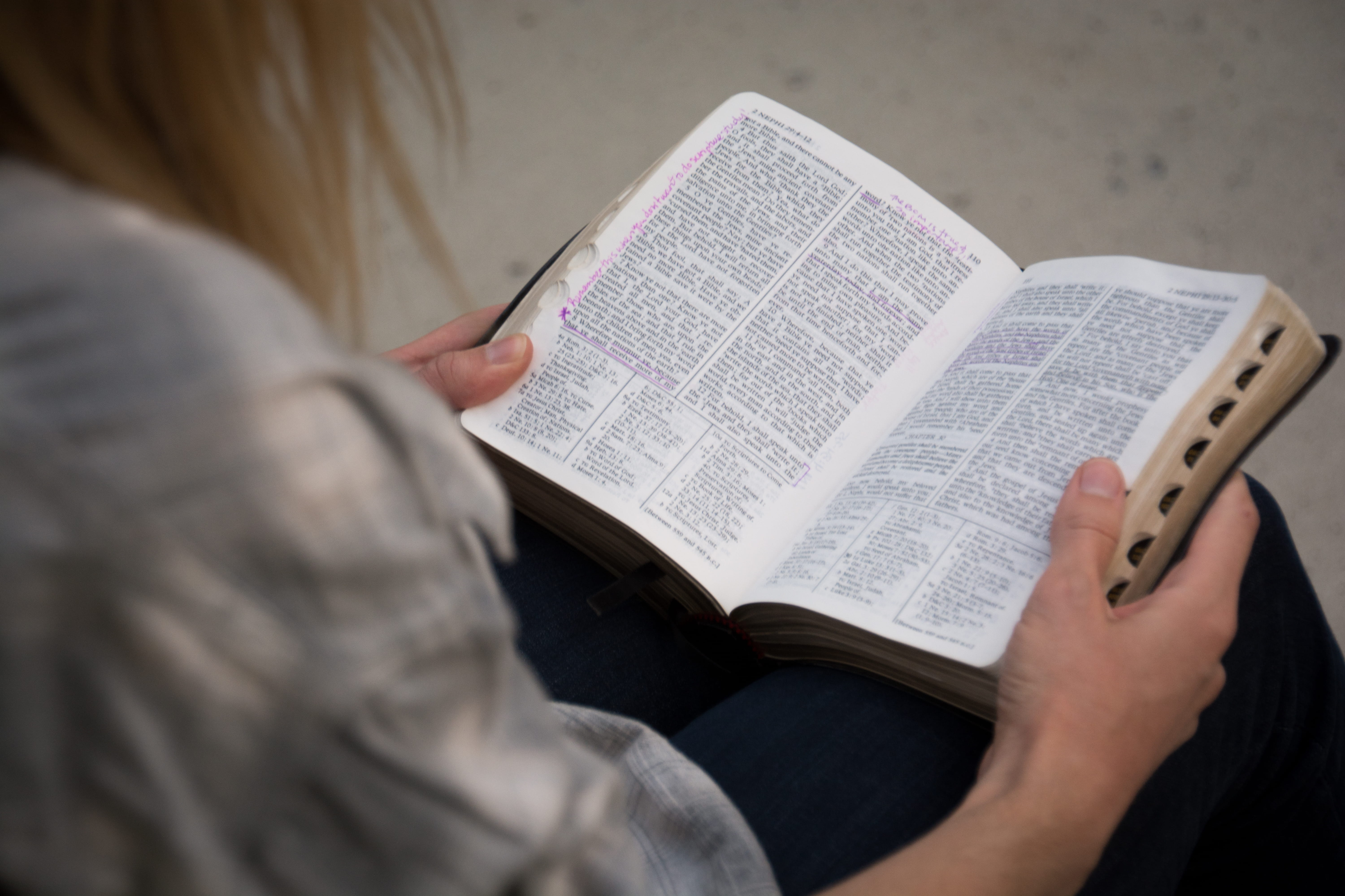 leisure activity, education, rear view, paper, over the shoulder view, reading, activity, faith, casual clothing, prayer, book of mormon, hand, human body part, HD Wallpaper