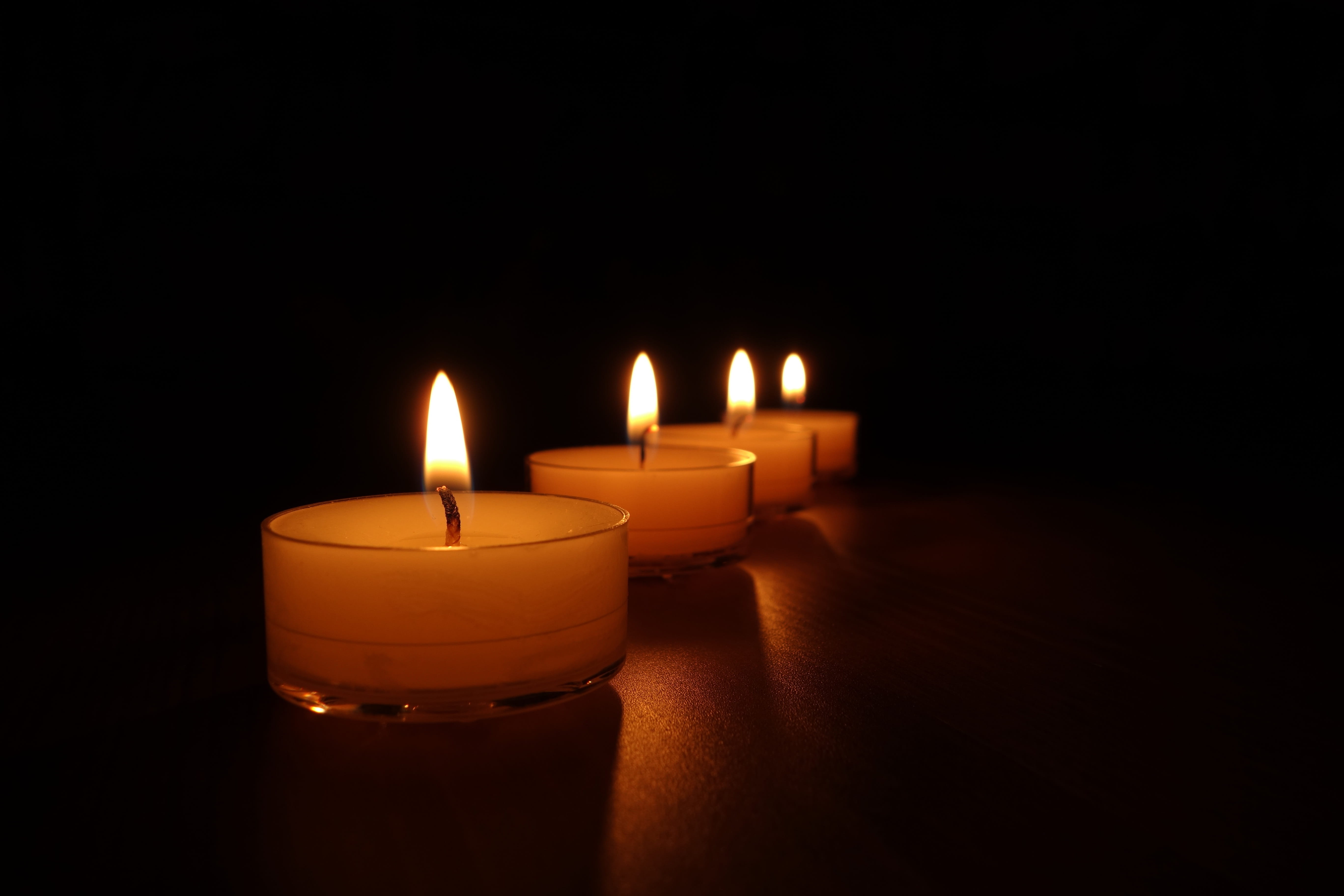 candles, studio shot, indoors, four, close up, lights, mood, red, close-up, luminosity, nature, motif, glowing, mirroring, fire, hot, wax candle, orange color, HD Wallpaper