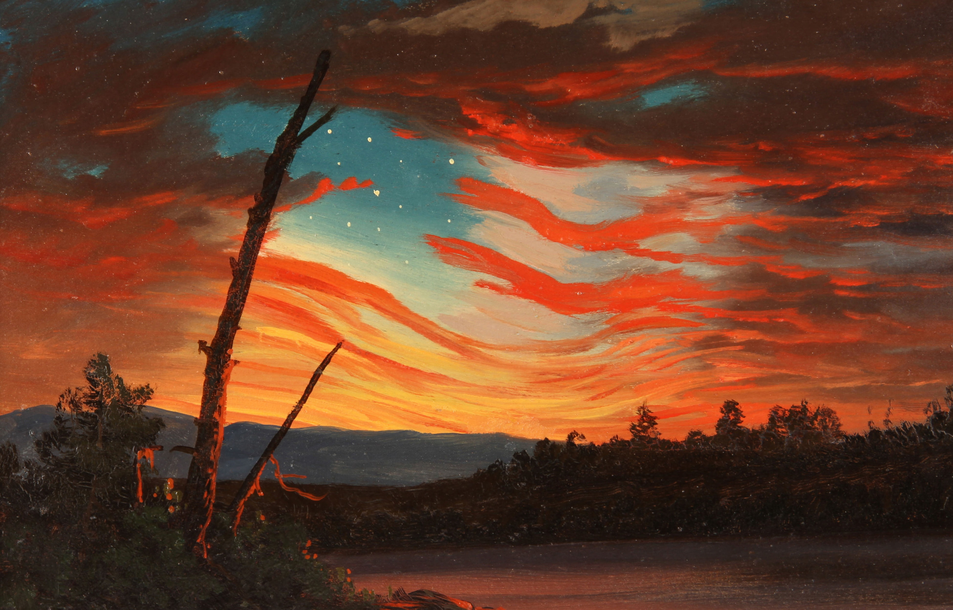 flag, 4K, clouds, Our Banner in the Sky, picture, glow, Frederic Edwin Church, allegory, HD Wallpaper