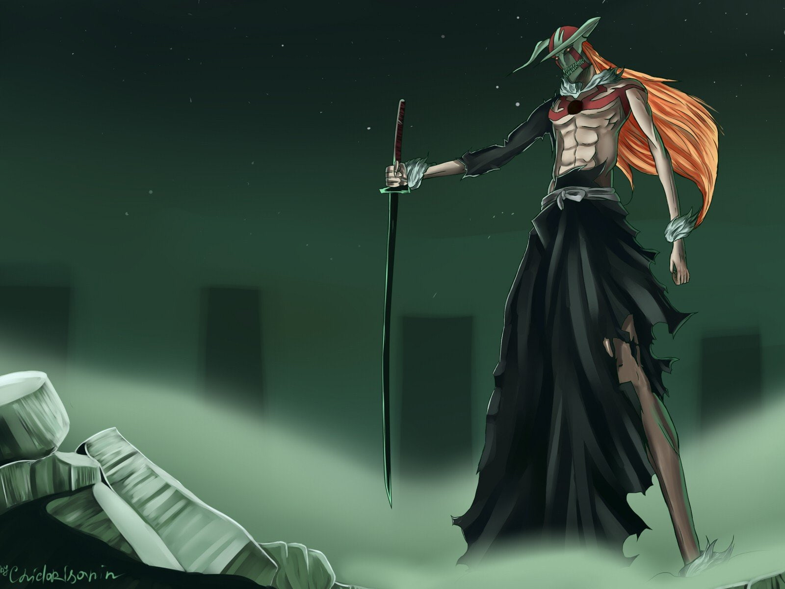 orange, mundo, hueco, swords, 720P, dust, bleach, ichigo, vastolorde, long, hollow, hair, HD Wallpaper