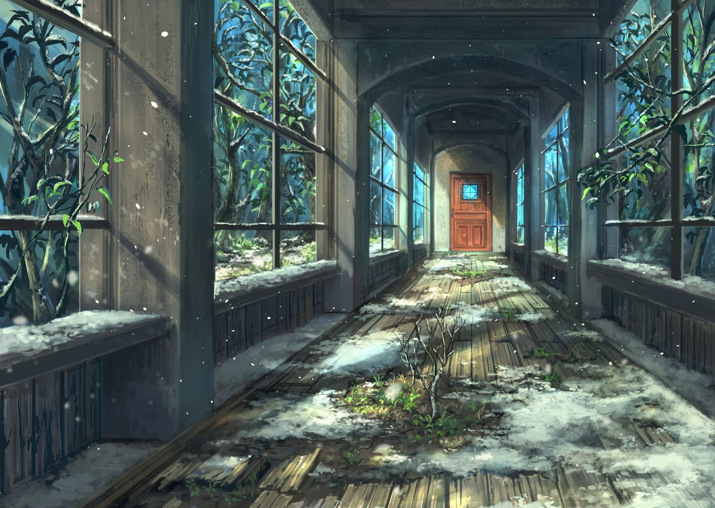 window, plant, arch, ruined, no people, building, abandoned, deterioration, day, digital art, weathered, hallway, built structure, indoors, railing, architectural column, HD Wallpaper