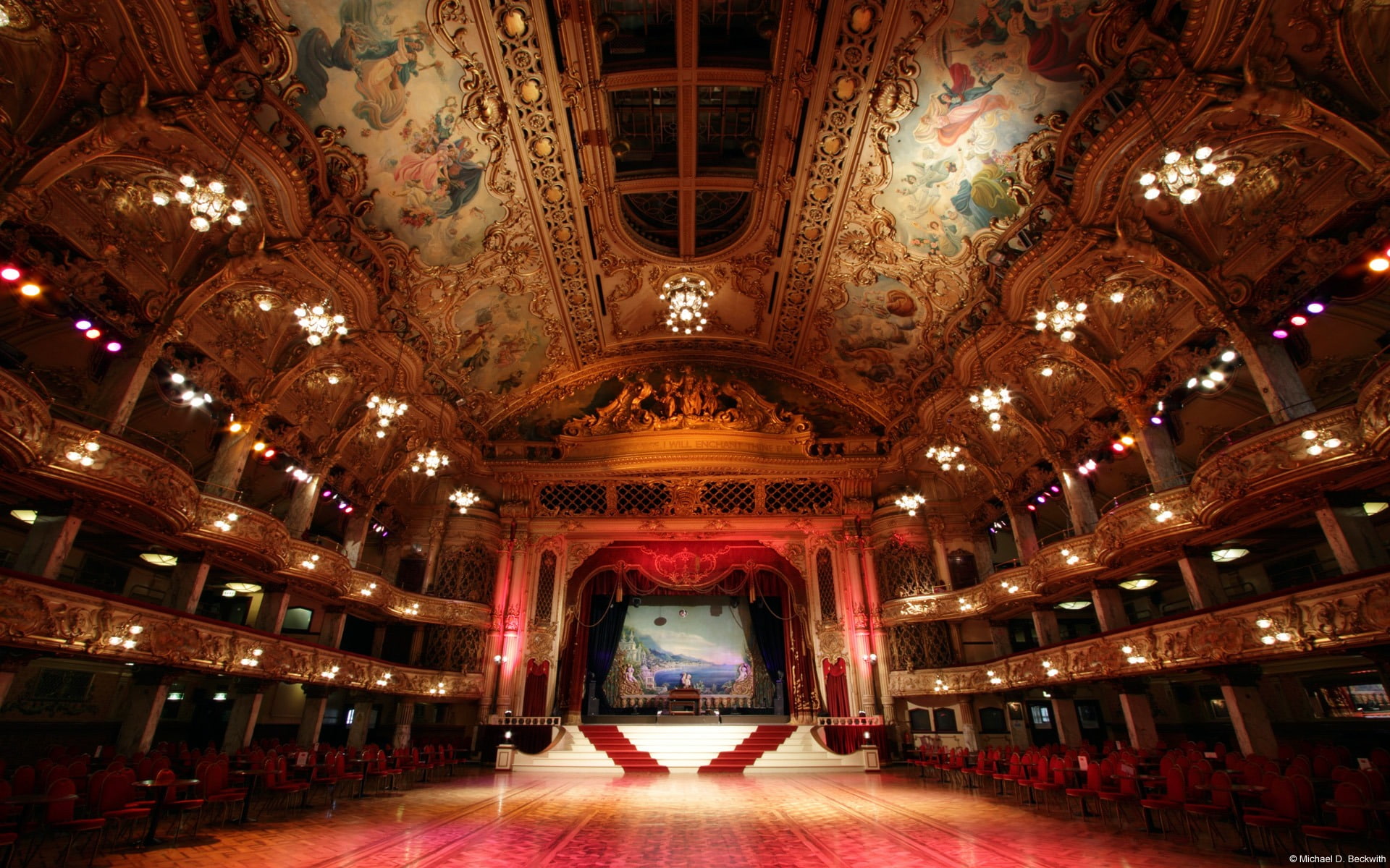 design, lighting equipment, ceiling, decoration, no people, indoors, arch, chandelier, luxury, windows, history, absence, red, blackpool, arts culture and entertainment, HD Wallpaper