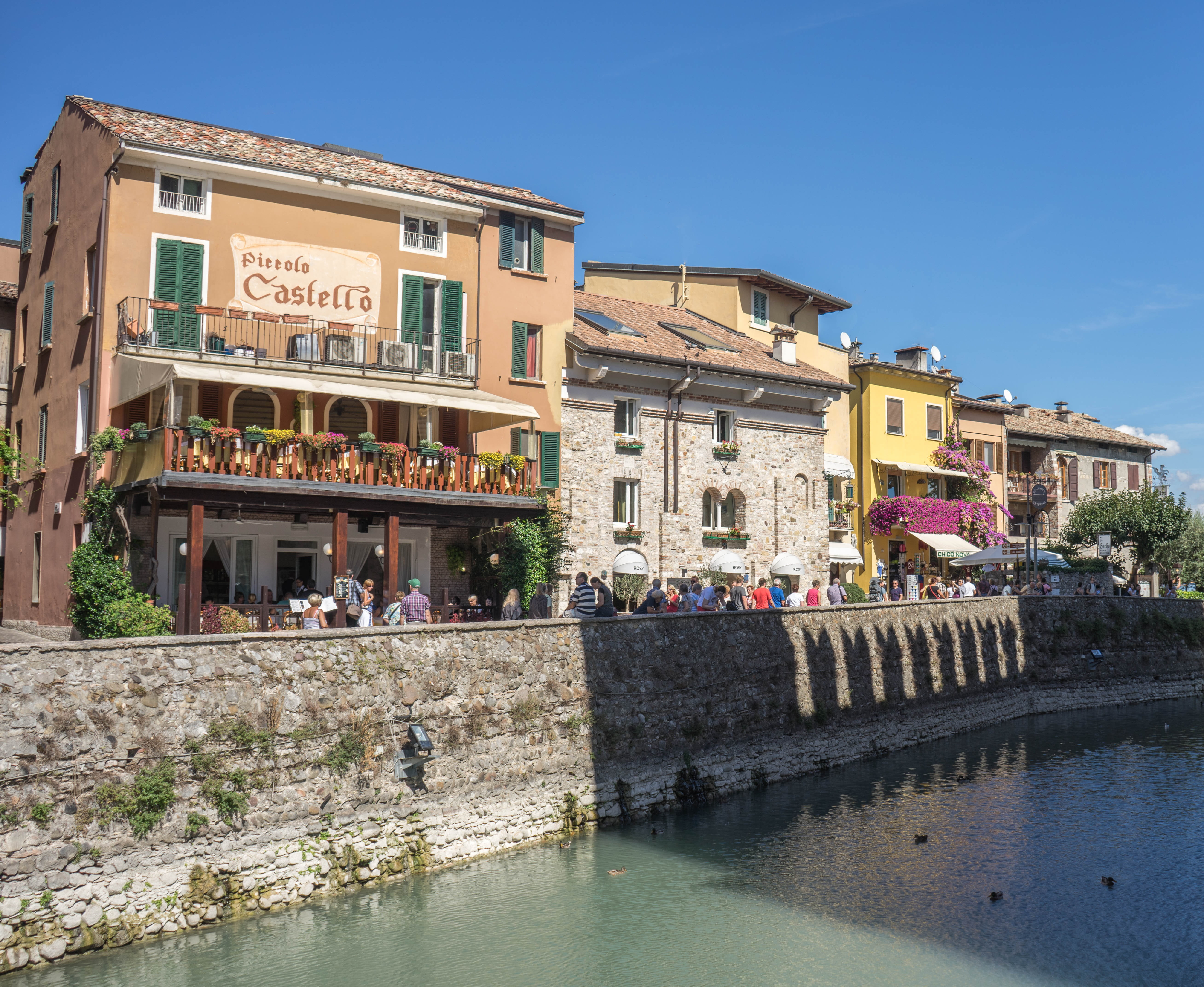 travel destinations, blue, group of people, historic, lake garda, landmark, sirmione, clear sky, water, exterior, day, lombardy, old, nature, waterfront, HD Wallpaper