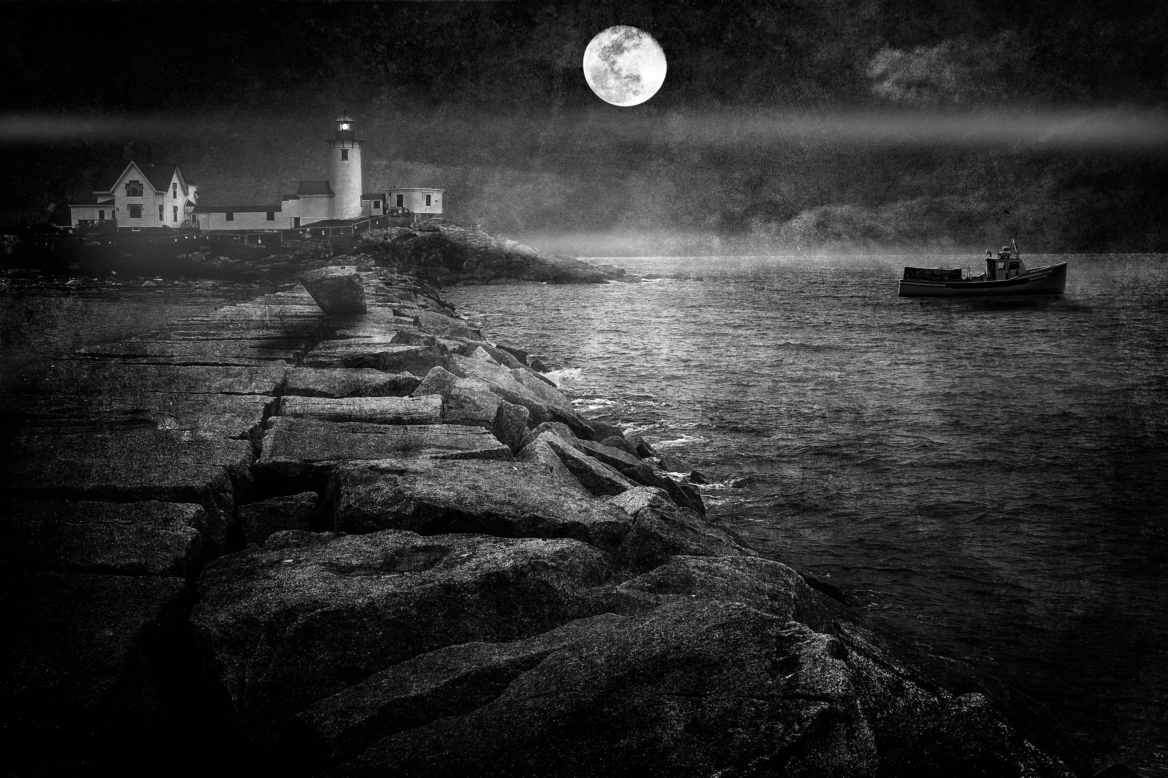 tranquil scene, built structure, 2K, outdoors, dusk, grayscale, sky, Gloucester, sea, architecture, rock, moon, near, transportation, ship, water, scenics - nature, HD Wallpaper